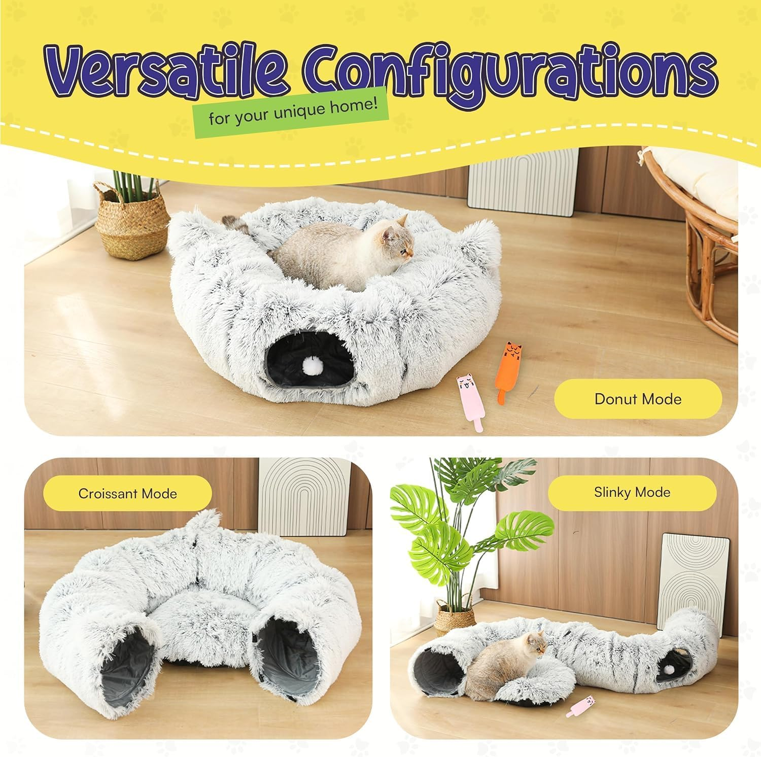 HAOLEYAO Cat Tunnel Bed by - Cat Donut Tunnel - Collapsible Cat Tunnels for Indoor Cats with Kitty Ears Design - Easy Assembly - for Small Cat & Kitten Breeds - Includes Hanging Ball image number 1