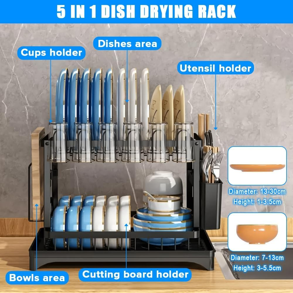 Dish Drying Rack for Kitchen Counter, 2 Tier Rustproof Dish Rack for Kitchen Countertop with Draining Board, Cutting Board Holder, Cup Holder, Cutlery Rack, Large Capacity (Black) image number 5