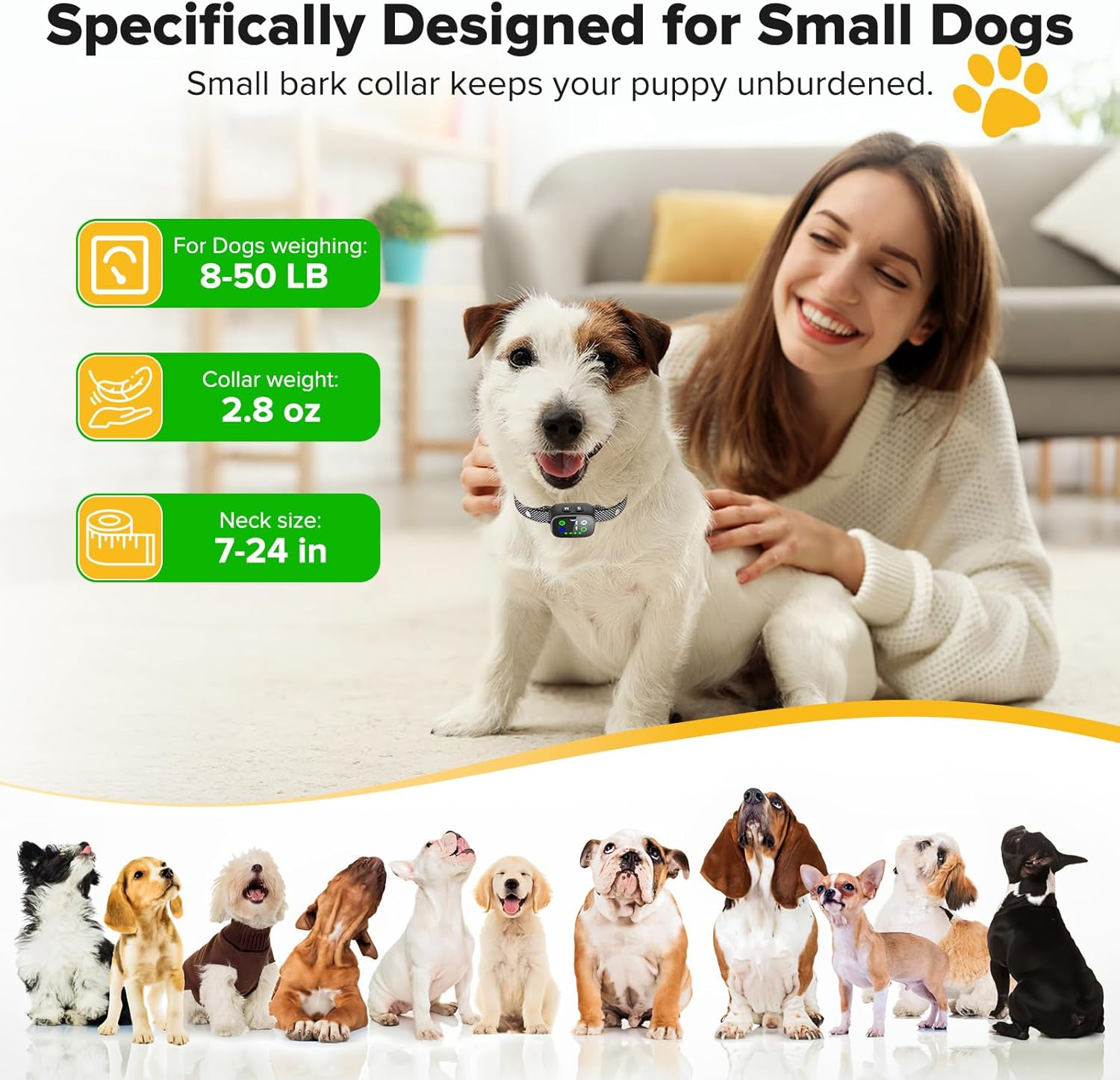 MASBRILL Small Dog Bark Collar, Smart anti Bark Collar for Small Dogs Bark No Shock & Rechargeable, Control Device with Adjustable Sensitivity and Intensity Beep Vibration Bark Collar (Black) image number 1