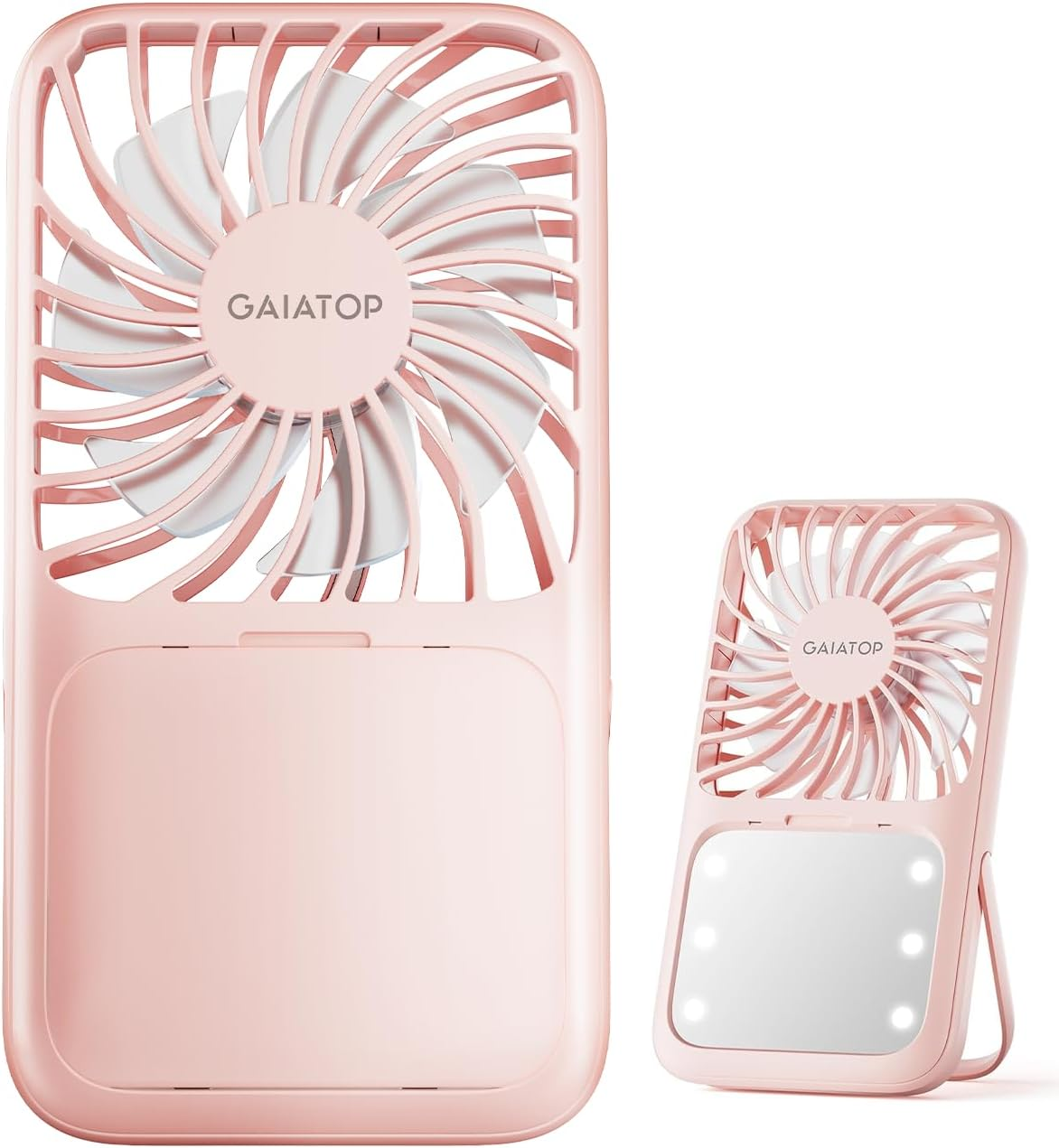 Gaiatop Portable Handheld Fan, Folding Stand for Desktop, 3 Speed LED Makeup Mirror with Light, Rechargeable Mini Personal Fans Small Travel Essentials Gifts for Women Girls Pink image number 1