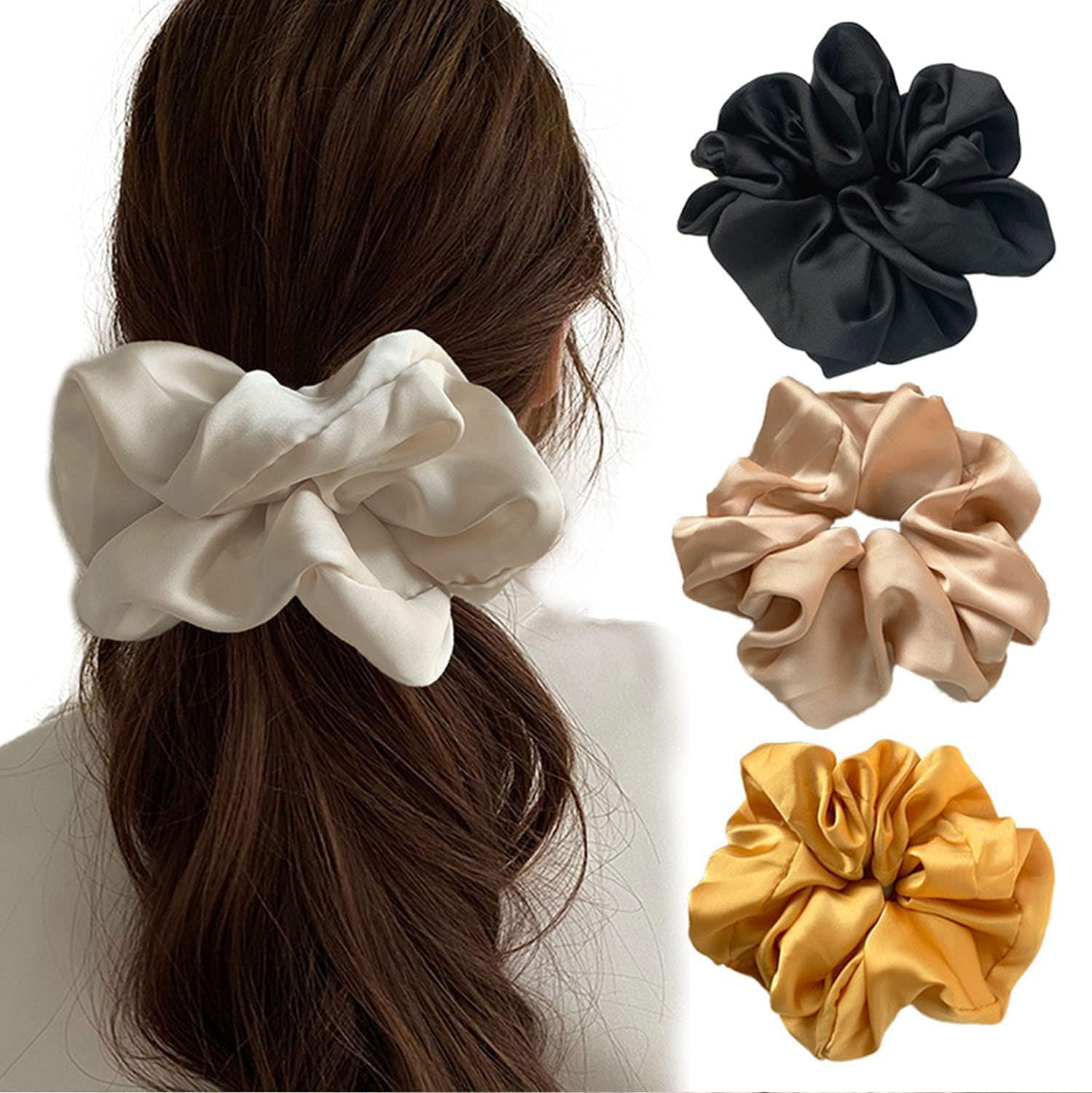 Pack of 4 Massive Silk Scrunchies, Oversized Scrunchies for Thick Hair, Satin Scrunchies, Hair Bobbles for Women (Black/Beige/Khaki/Turmeric) image number 5