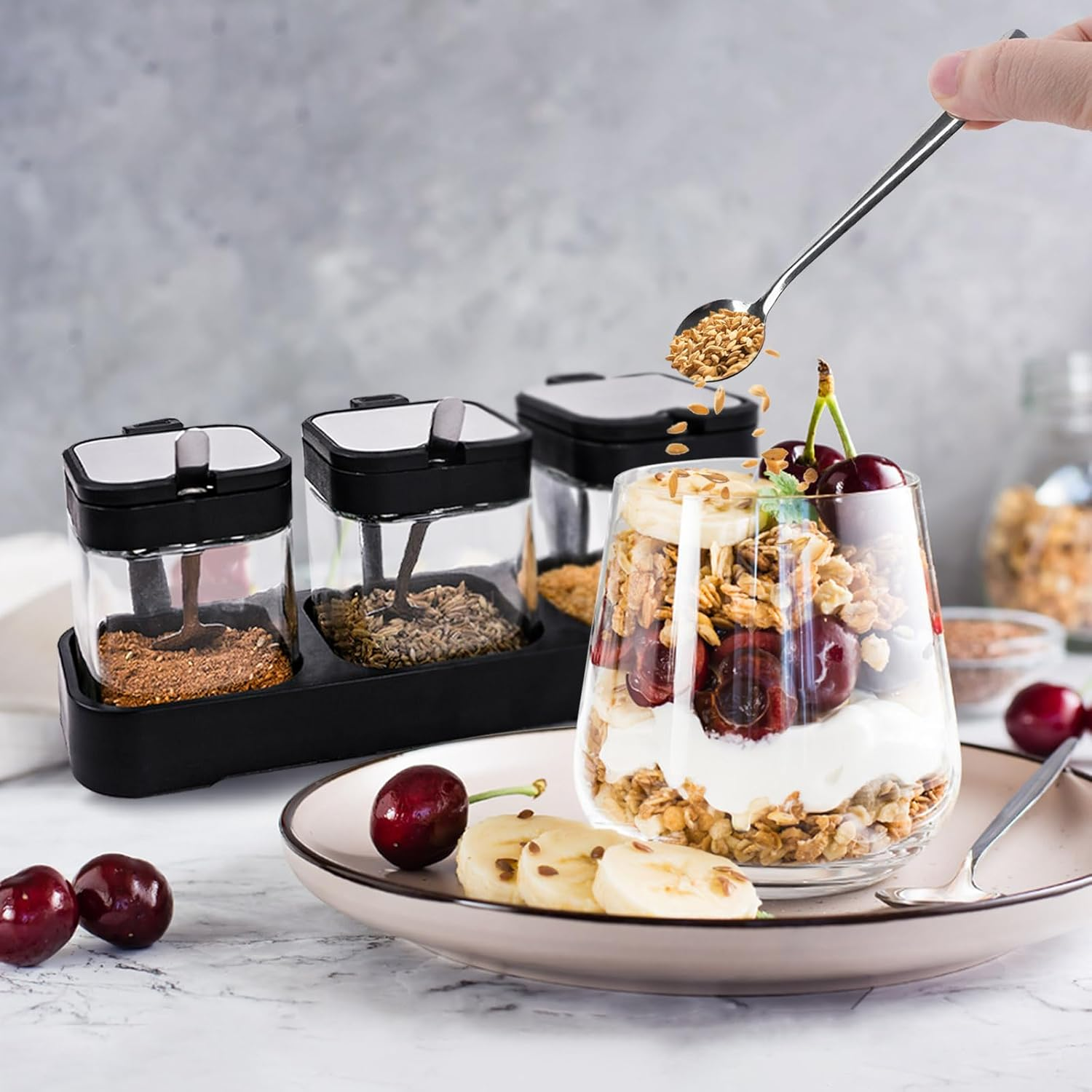 DIYJEP Pack of 3 Spice Shaker with Stainless Steel Spoon, Glass Square Spice Container with Lid and Base, Clear Sugar Bowl, Cereal Dispenser, Spice Jar for Flour, Kitchen, Seasoning, Salt, Sugar, Tea image number 3