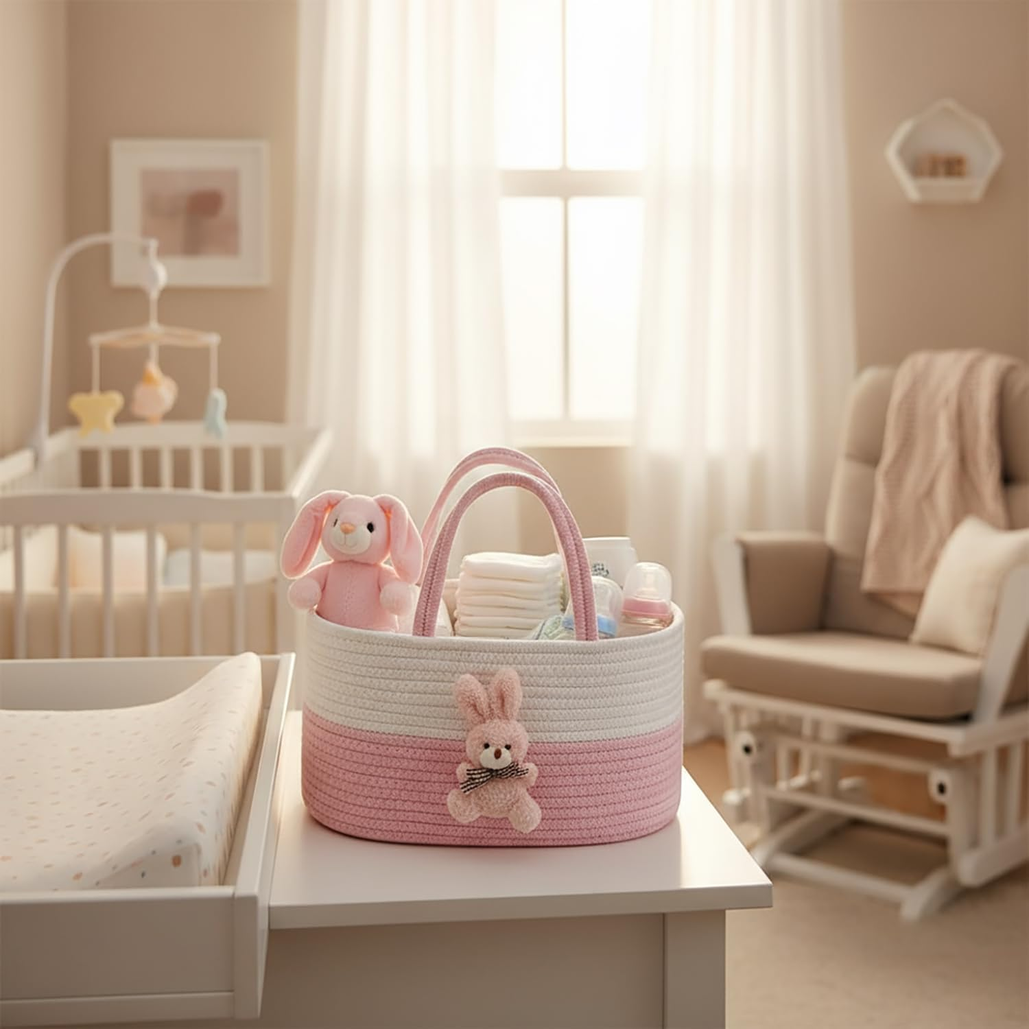 Baby Nappy Caddy Diaper Caddy Organizer, Baby Shower Basket, with Removable Inserts Nursery Bohemian Cotton Rope Storage Basket, Baby Storage Basket for Changing Table and Wipes (Pink Rabbit)