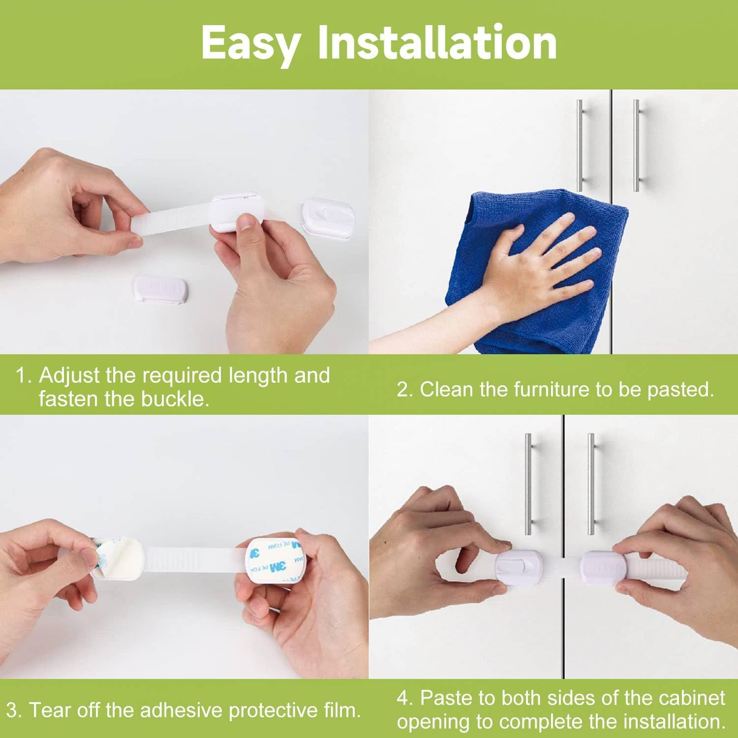 Child Safety Cabinet Locks - (10 Pack White) Baby Proofing Latches to Drawer Door Fridge Oven Toilet Seat Kitchen Cupboard Appliance Trash Can with 3M Adhesive - Adjustable Strap No Drill No Tool image number 4