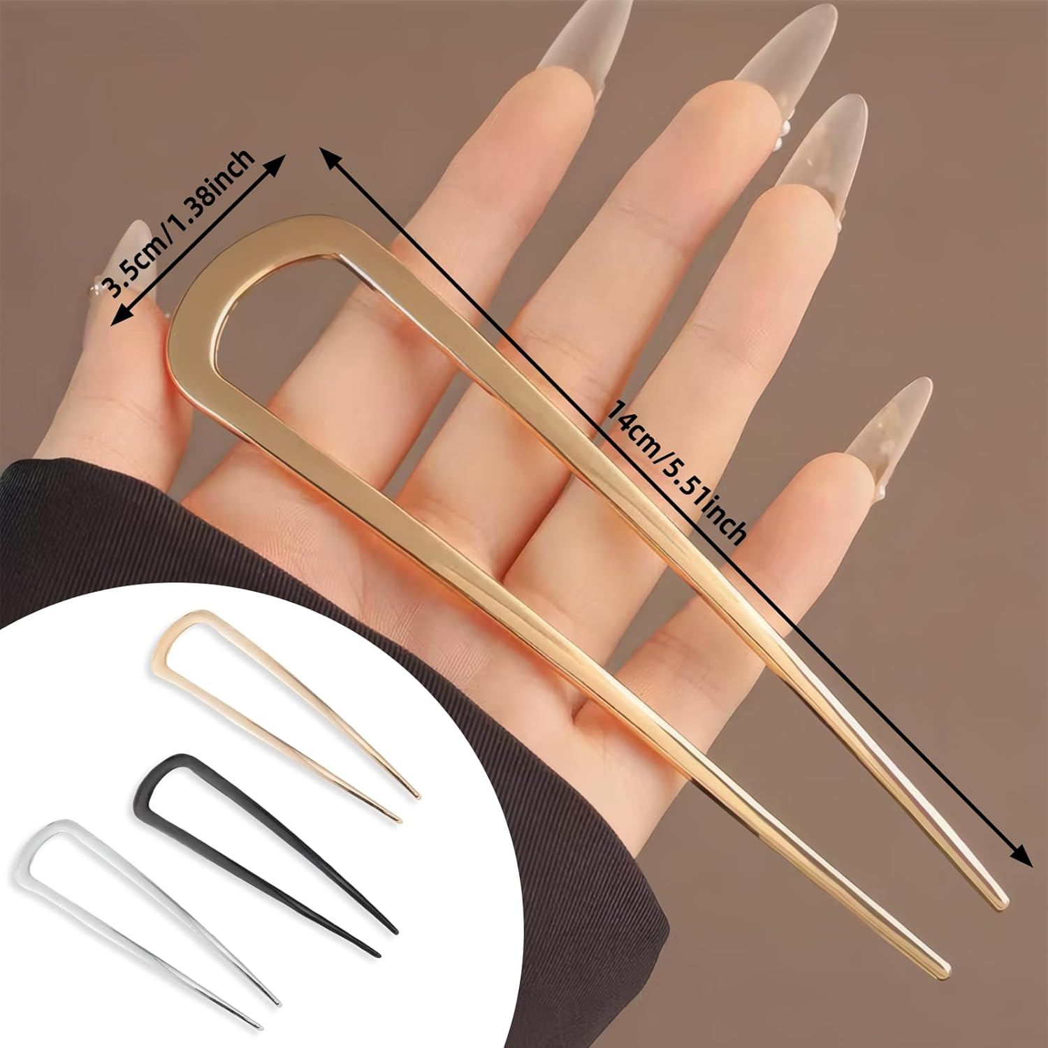 Huotflame U-Shaped Hair Pins Set of 3 - Metal Hair Pins in Gold, Silver, Black - Non-Slip Bun Clips for Women with Thick Hair, Elegant Hair Clips for French Twist image number 1