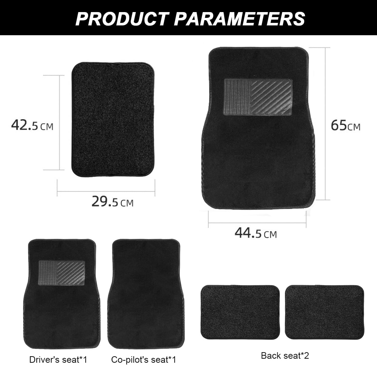 4 Pcs All Weather Carpet Vehicle Floor Mats, Universal Fit Heavy-Duty Carpet Floor Mats Cars, Black Premium Quality Carpe T Vehicle Floor Mats plus Vinyl Heel Pad for Cars, SUV (Black) image number 4