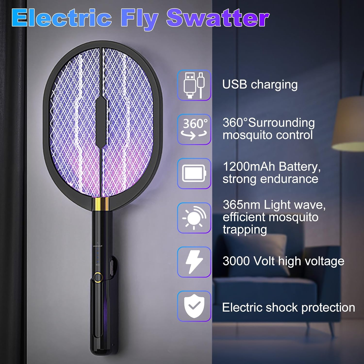 Oolong Mosquito Zapper Electric Fly Swatter 3000V Bug Zapper Racket 2 in 1 Fly Zapper with 1200Mah Battery Rechargeable Mosquito Killer Lamp with 3-Mode USB Rechargeable for Indoor Outdoor,Garden image number 5