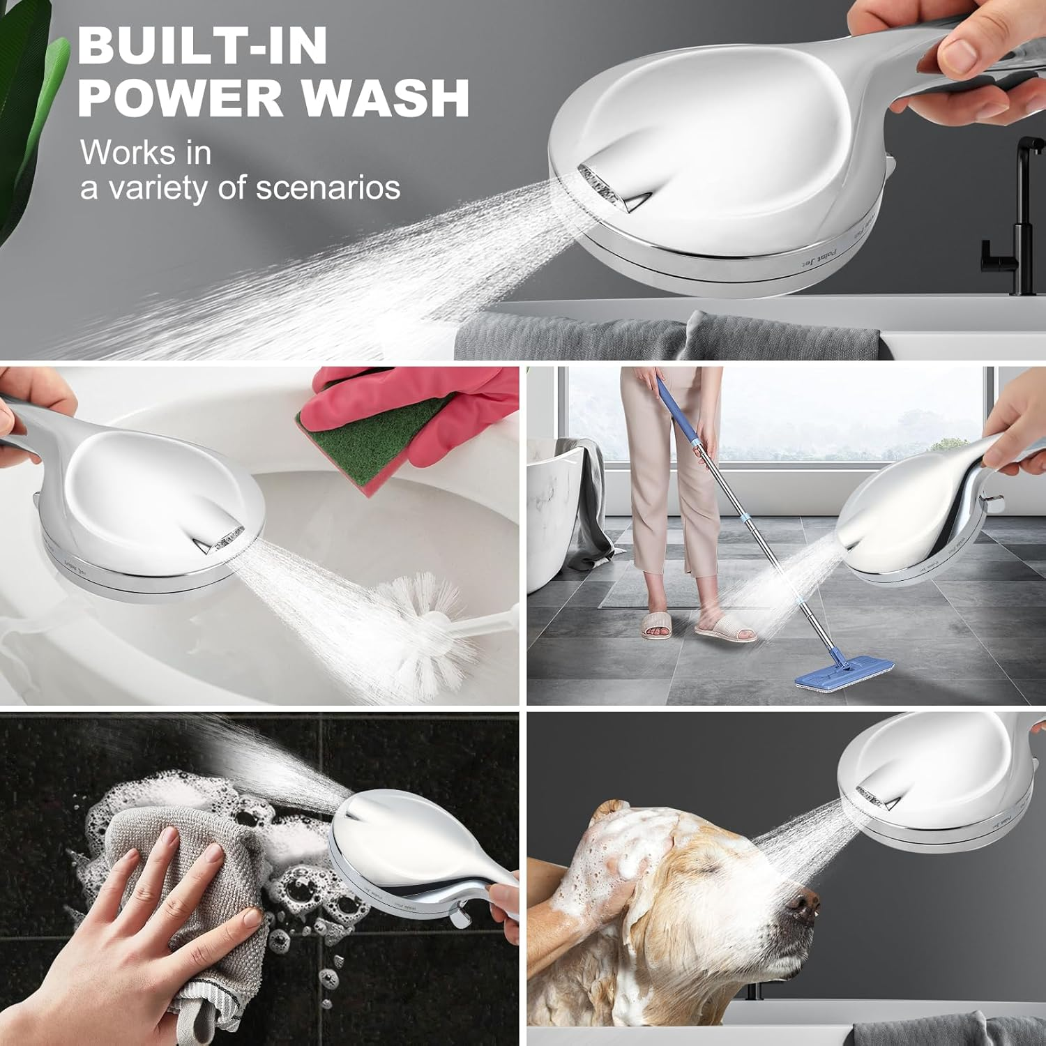 Liwcho High Pressure 10 Functions Shower Head with Handheld - Luxury Modern Chrome Look, Built-In Power Spray to Clean Corner, Tub and Pets, with Stainless Steel Hose Adjustable Bracket (Chrome) image number 6