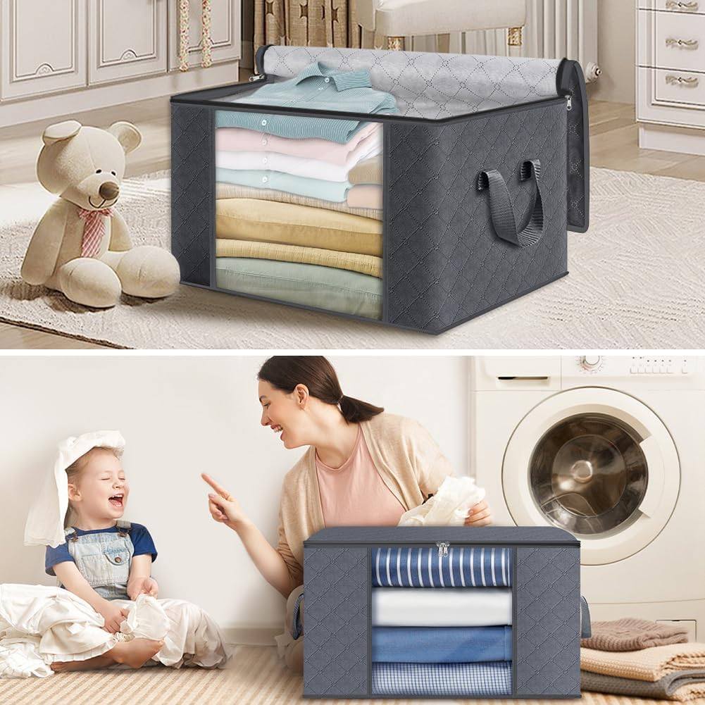 6 Pack Clothes Storage, Foldable Thik Fabric Blanket Storage Bags with Lids and Handle, Storage Containers for Organizing Clothing, Comforter, Organization and Storage image number 1