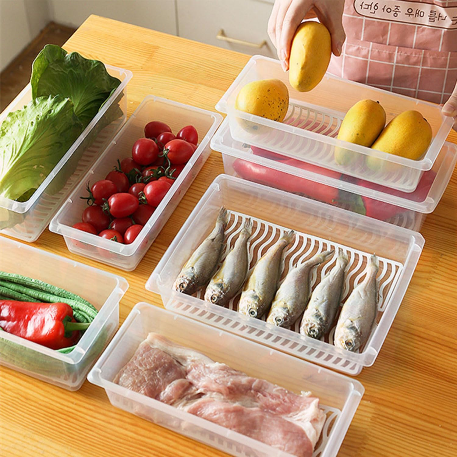 YIRANJIA 3Pcs Large Size Plastic Food Storage Containers Stackable Fridge Organiser for Fruit & Vegetable Storage or Wash, Kitchen Storage & Organisation Bins with Lids & Removable Drain Basket image number 6