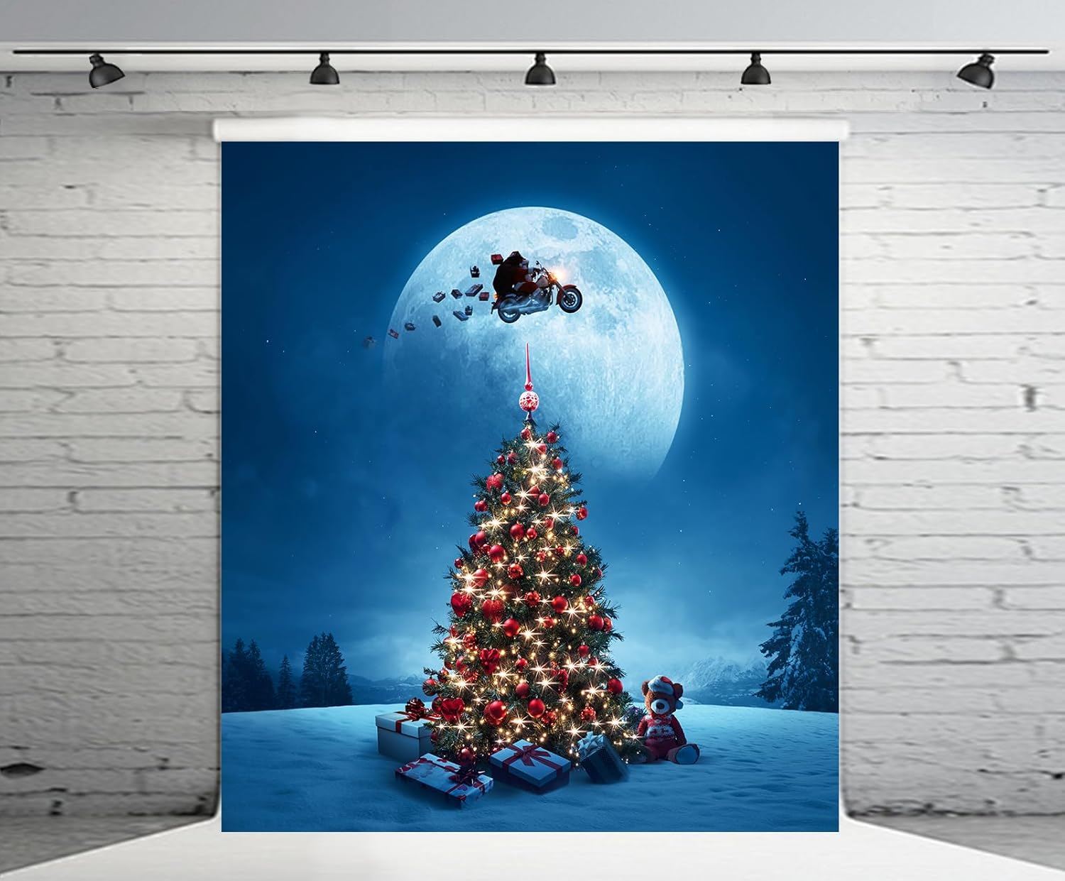 5X7Ft Christmas Tree Backdrop Winter Wonderland Santa Claus Full Moon Pine Forest Gift Boxes Bear Starry Sky Background Winter Christmas Eve New Year Party Decor Photo Booth Studio Props