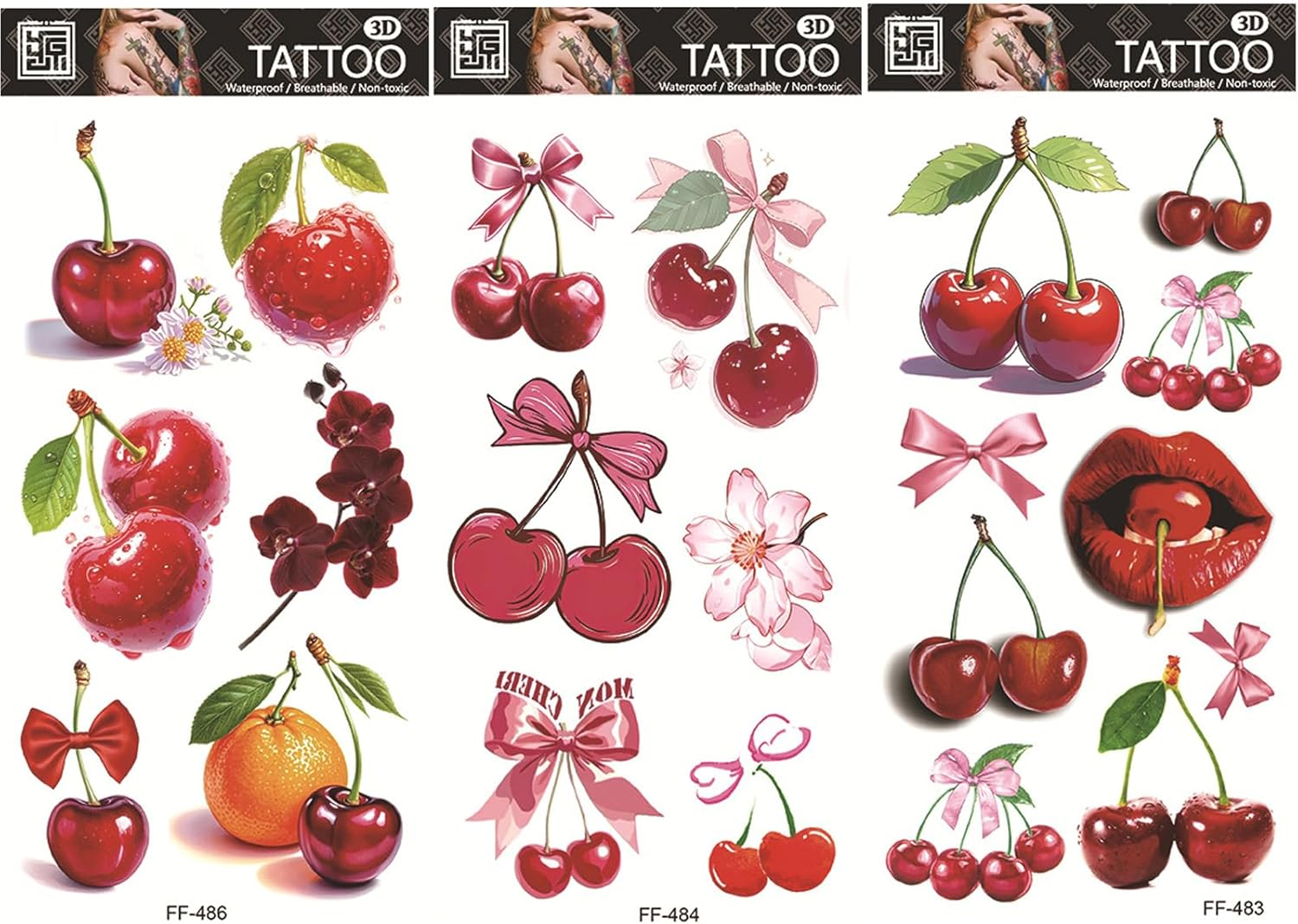 Buziba 12 Sheets Cherry Temporary Tattoos Stickers Funny Cherry Birthday Decorations Cute Red Cherries Fake Tattoo Gifts for Women Men Fruit Themed Party Favors Supplies image number 4