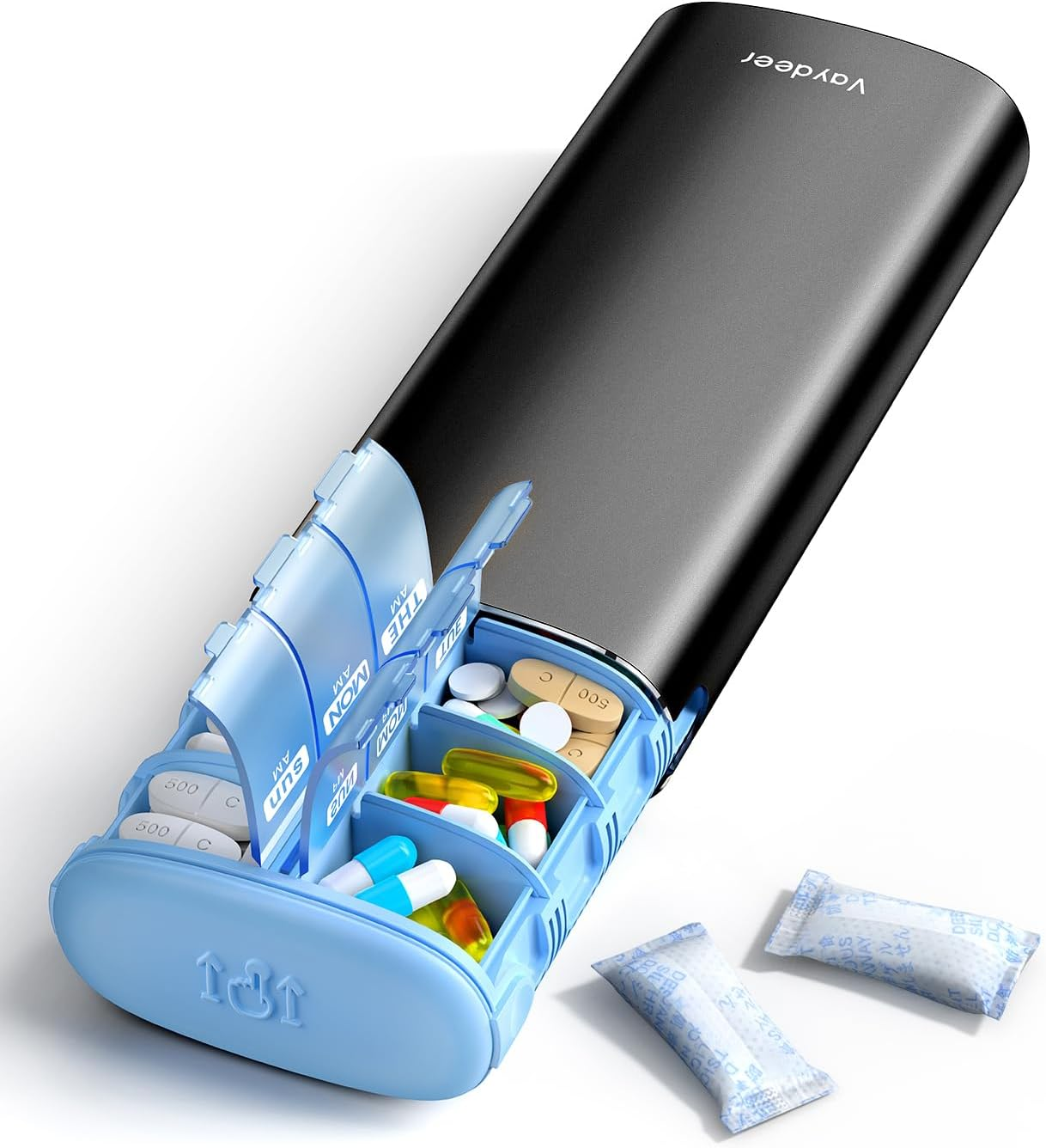 Vaydeer Metal 7 Day Pill Organizer 2 Times a Day &ndash; AM PM Weekly Travel Pill Case with Moisture-Proof Desiccant, Airtight Large Capacity Pill Box for Vitamins, Medications & Supplements (Black)