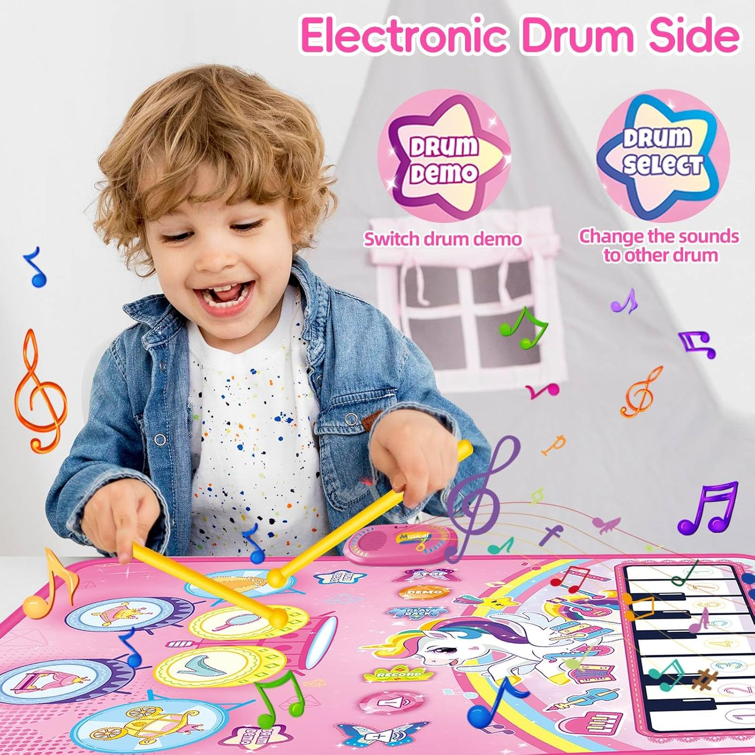 Piano Drum Kids Play Mat, Unicorn Piano Keyboard & Drum Set with Drums Sticks, Musical Mat Toys for Kids, Musical Instruments Montessori Toy for 3 4 5 6 Years Old Boy Girl Birthday Gift image number 3