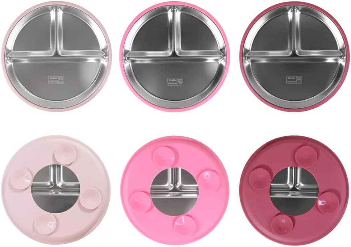 YUGO BABY Stainless Steel Divided Baby Plate with Removable Silicon Sleeve&Suction, Non-Slip Unbreakable Dishwasher Safe Metal Plates for Kids&Toddler Self Feeding Dinnerware (Quartz + Pink + Rose) image number 5