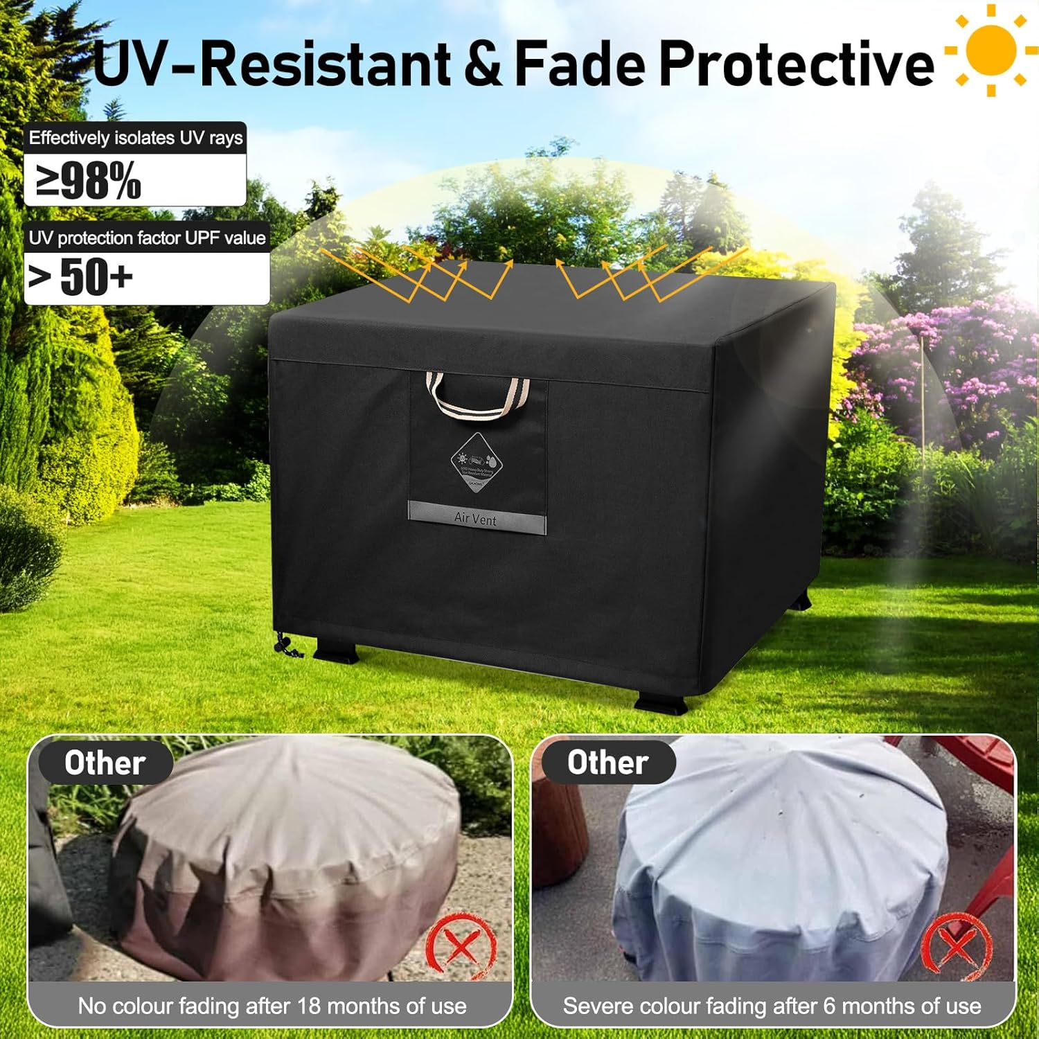 QH.HOME Fire Pit Cover Square Heavy Duty Fabric 100% Waterproof, Fits Outdoor for 29&rdquo;,30 Inch,31 Inch,32 Inch Fire Pit/Table Cover,Gas Fire Pit Cover (32&rdquo;L X 32&rdquo;W X 24&rdquo;H,Black) image number 3