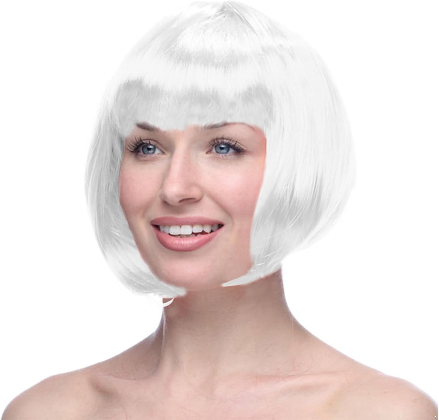 FEESHOW Short Straight Bob Wig with Flat Bangs Synthetic Hair for Women Girls Cosplay Costume Party Fashion Hairpiece Brown One Size - Black image number 4