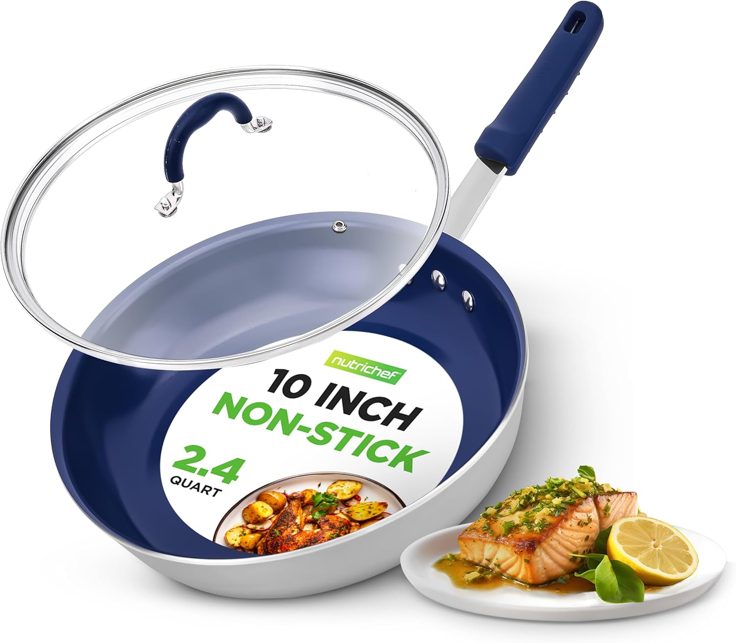 Nutrichef 10" Fry Pan with Lid - Medium Skillet Nonstick Frying Pan with Silicone Handle, Ceramic Coating, Blue Silicone Handle, Stain-Resistant and Easy to Clean, Professional Home Cookware image number 1