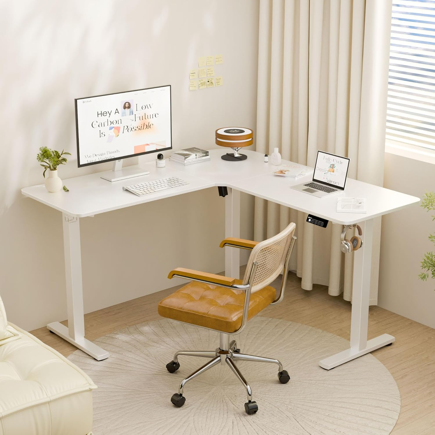 ERGOMAKER Corner Electric Standing Desk, 129 * 50Cm Height Adjustable L Shaped Desk, Stand up Desk with Splice Board, Sit Stand Desk with Memory Smart Handset(White Frame + White Desktop) image number 5
