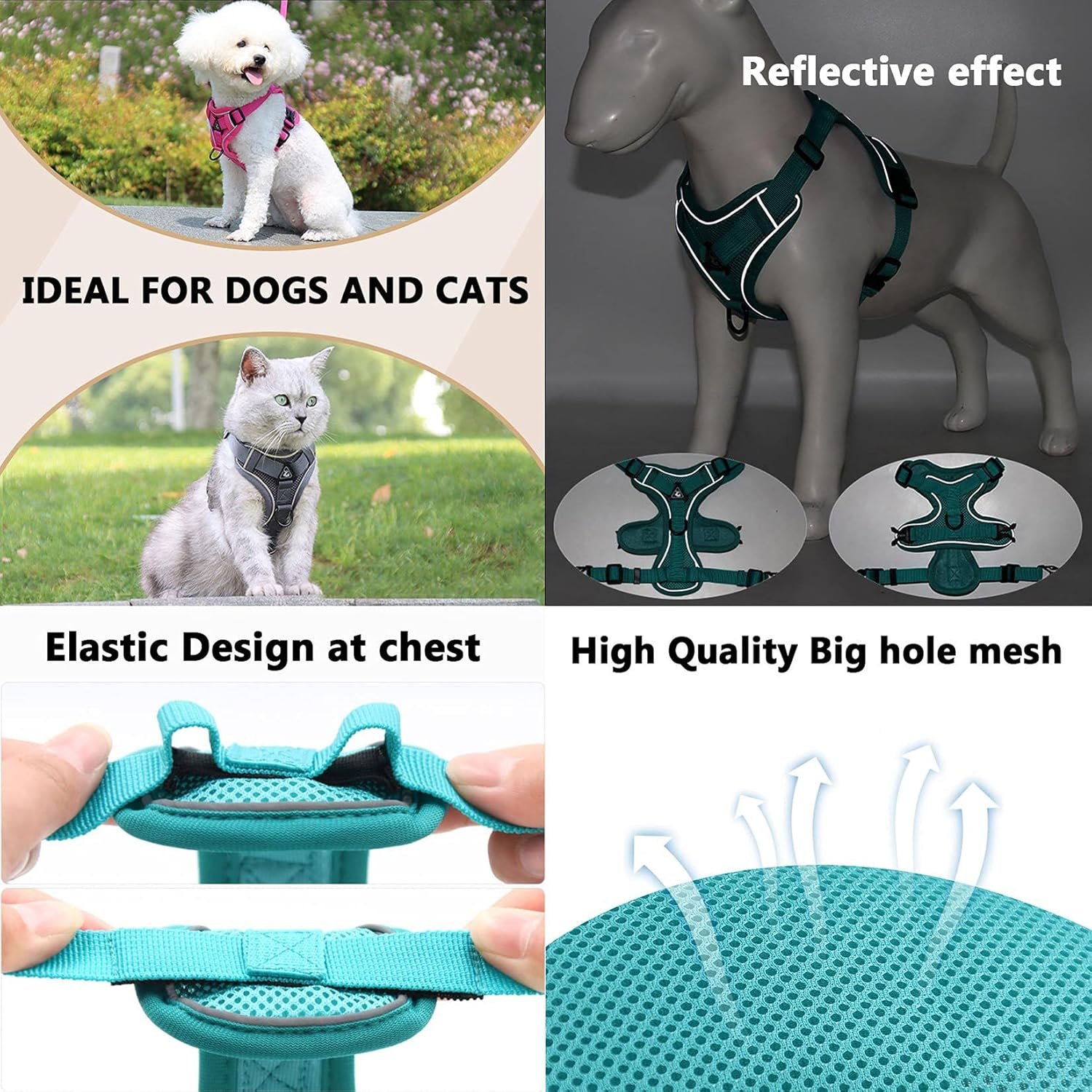 Zunea No Pull Dog Harness for Small Medium Dogs Puppy Cats Vest Harness Lead Set Adjustable Reflective Breathable Mesh Lightweight Pet Harnesses Escape Proof for Walking Training Green S image number 2