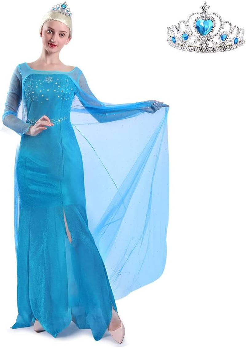AUTOWT Womens Princess Costume, Elsa Cosplay Dress up with Cape Queen Gown, Snow Princess Role Play Outfits for Adult Birthday Party Costume Book Week