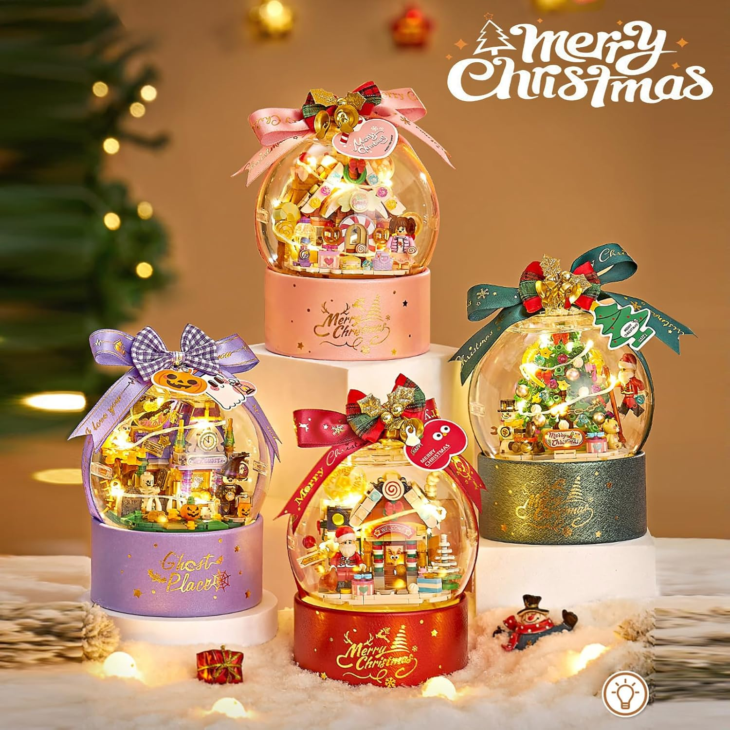 Christmas Snow Globe Building Kit &ndash; DIY Brick Set, 466-Piece Mini Blocks Holiday Decor, Santa Village Ornament for Home, Desk Decoration, Stocking Stuffer Gift (Winter Cottage) image number 3