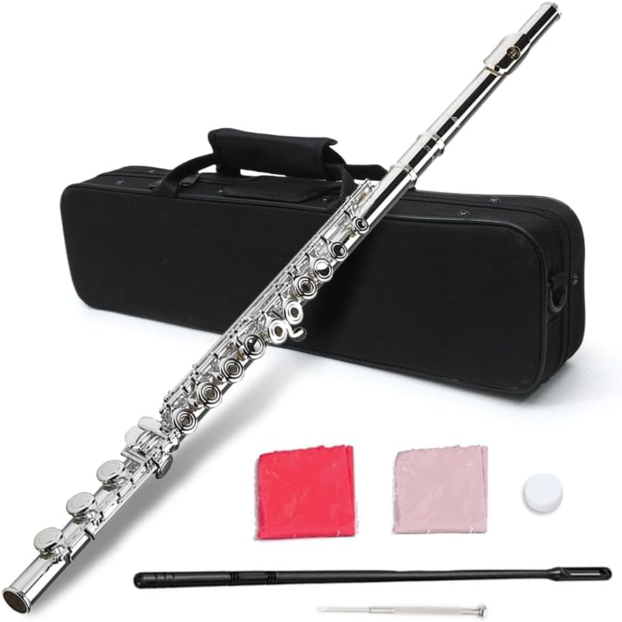 Flute 17 Key Closed Hole C Flute for Beginner Cleaning Kit with Gloves Cloth Tuning Rod Hard Case Nickel Siver, 17 Key Flute Instrument Student Flutes(Closed Hole,Silver) image number 6