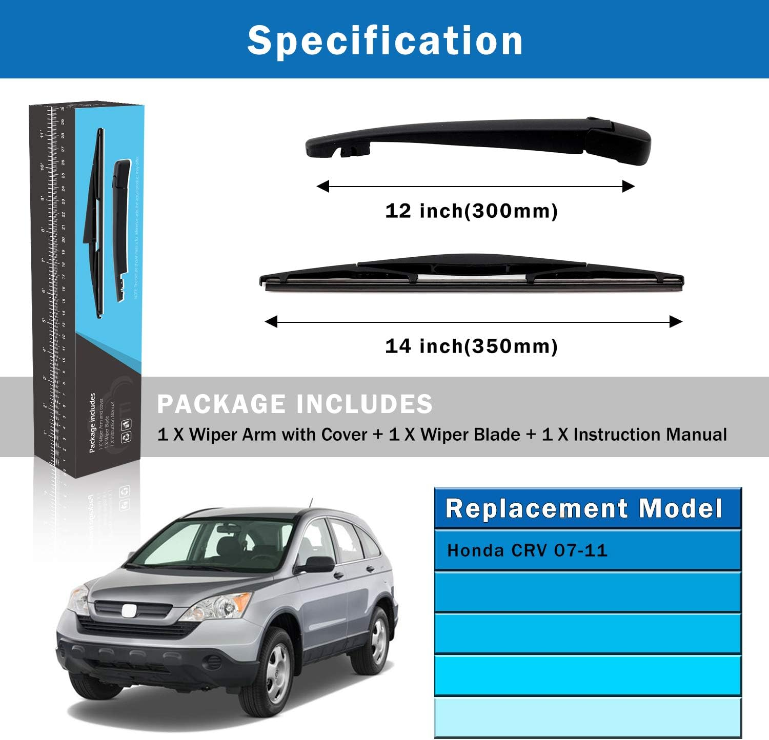 WTI Rear Wiper Arm Blade Set Compatible with Honda CRV 2007-2011 CR-V SUV Rear Windshield Window Wiper Kits Assembly New Replacement Accessories Parts Fit 76720SWA003 76720-SWA-003 image number 2