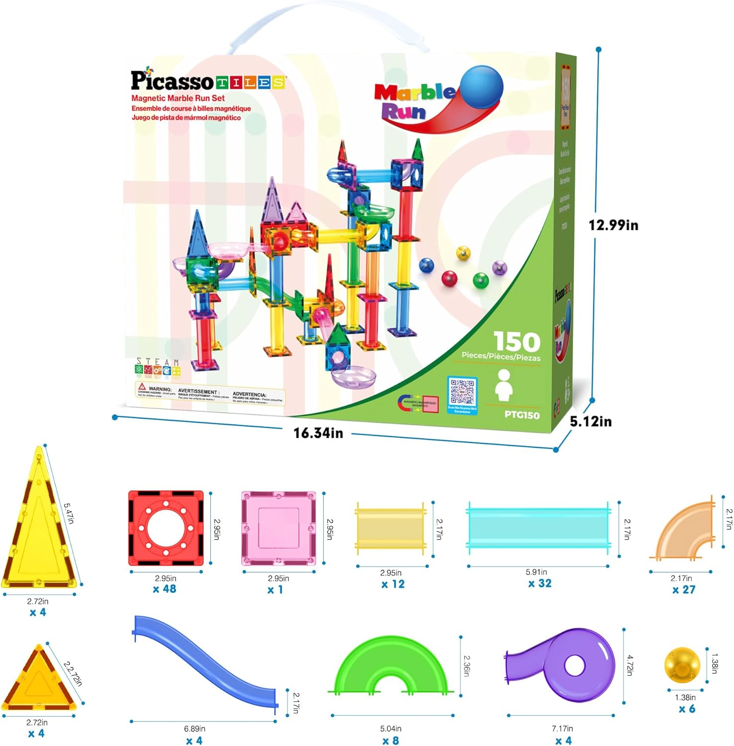 Picassotiles Marble Run 150-Piece Magnetic Tile Race Track Toy Play Set STEM Building & Learning Educational Magnet Construction Kit Child Brain Development Toys Boys Girls Age 3 4 5 6 7 8+ Years Old