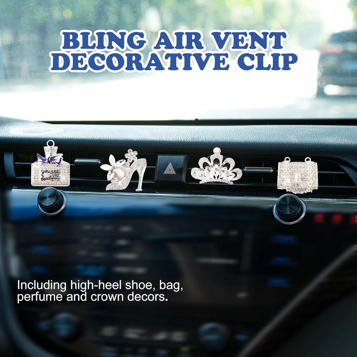 Rislobx 4PCS Bling Car Air Freshener Vent Clip, Crystal Diamond High Heel Shoe Bag Crown Perfume Bottle Car Diffuser Vent Clip Cute Car Bling Accessories Decoration for Women (Silver) - Silver image number 2