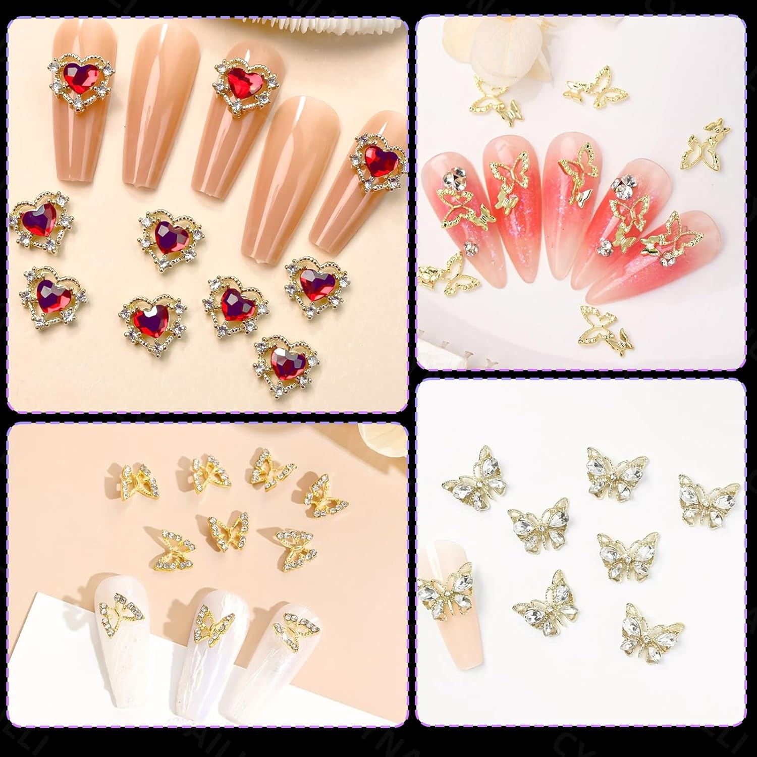 110 Pcs Gold Nail Charms and Gems Y2K, 3D Butterfly Heart Nail Gems, Planet Crown Nail Art Jewels, Cross Bows Charms for Alloy Nails Art Design DIY Accessories - Color-S5 image number 3