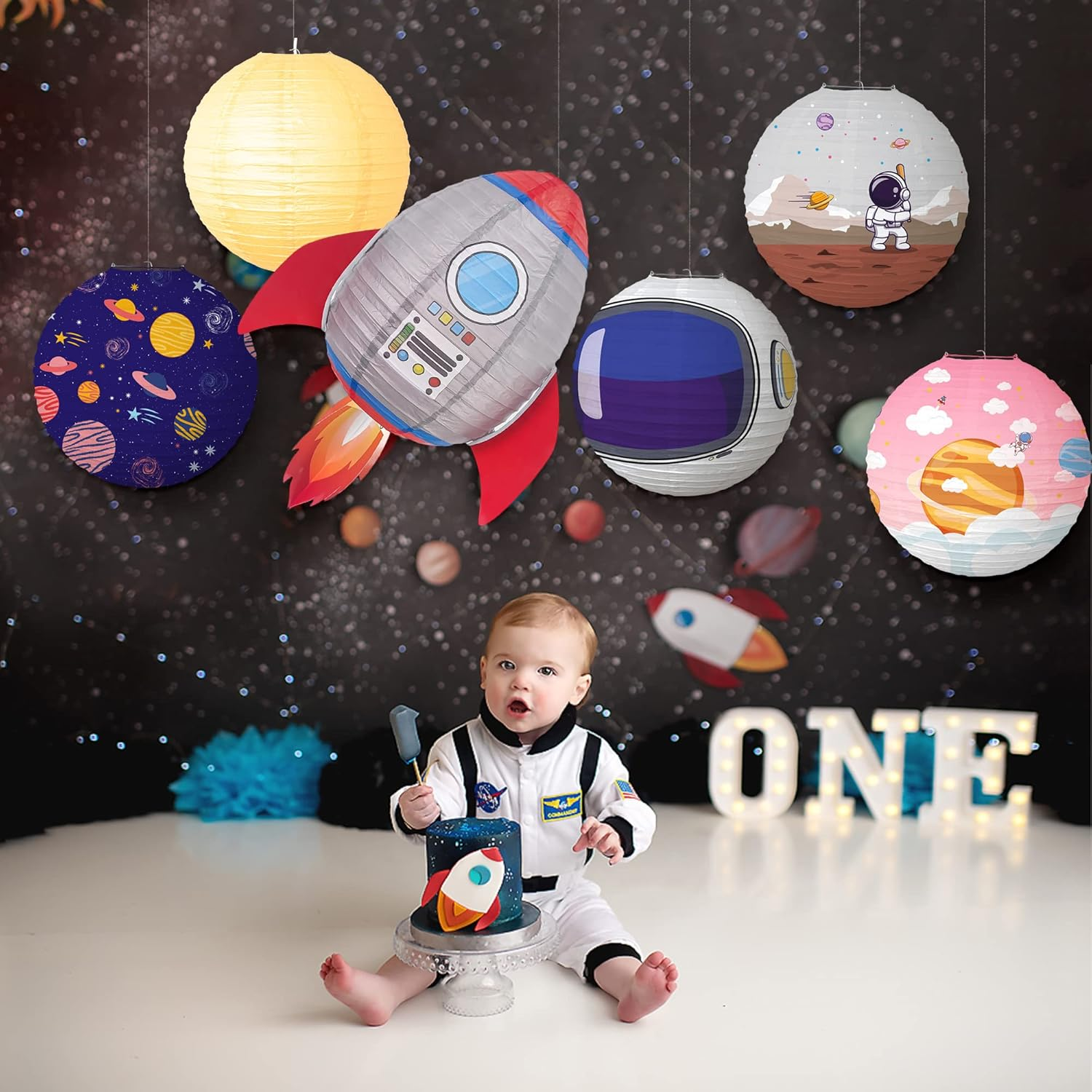 Outer Space Cartoon Rocket Hanging Planets Party Decorations - Kids & Classroom Science Astronaut Birthday Party Decorations