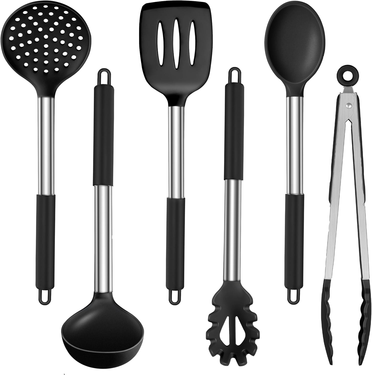LIANYU Kitchen Cooking Utensils Set of 4, Silicone Spatula Cooking Spoon Set for Nonstick Cookware, Heat Resistant Kitchen Gadget Tools with Stainless Steel Handle, Heat Resistant Utensils, Black