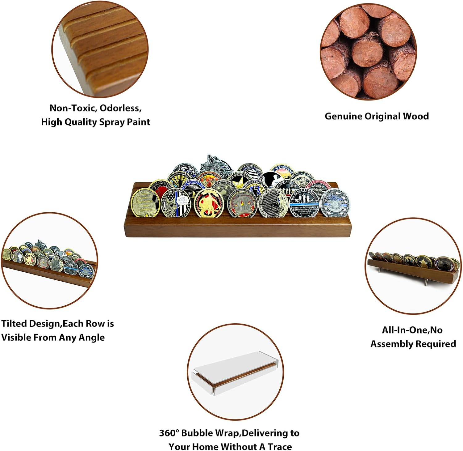 Challenge Coin Display Stand 4 Rows Wooden Military Coin Holder Rack Case Holds 30 Coins, Walnut Finish image number 4