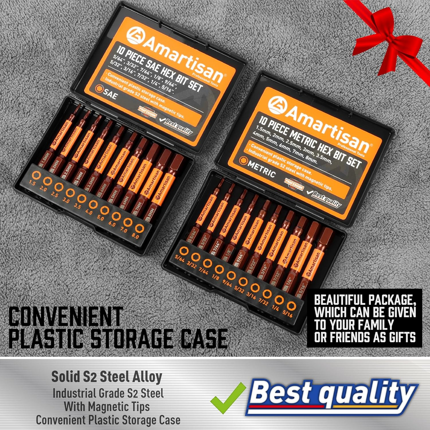 Amartisan 20 PACK Hex Head Allen Wrench Drill Bit Set, Metric and SAE S2 Steel Hex Bits Set, Magnetic Tips, 2.3" Long with Storage Box (New Hex Bit) image number 4