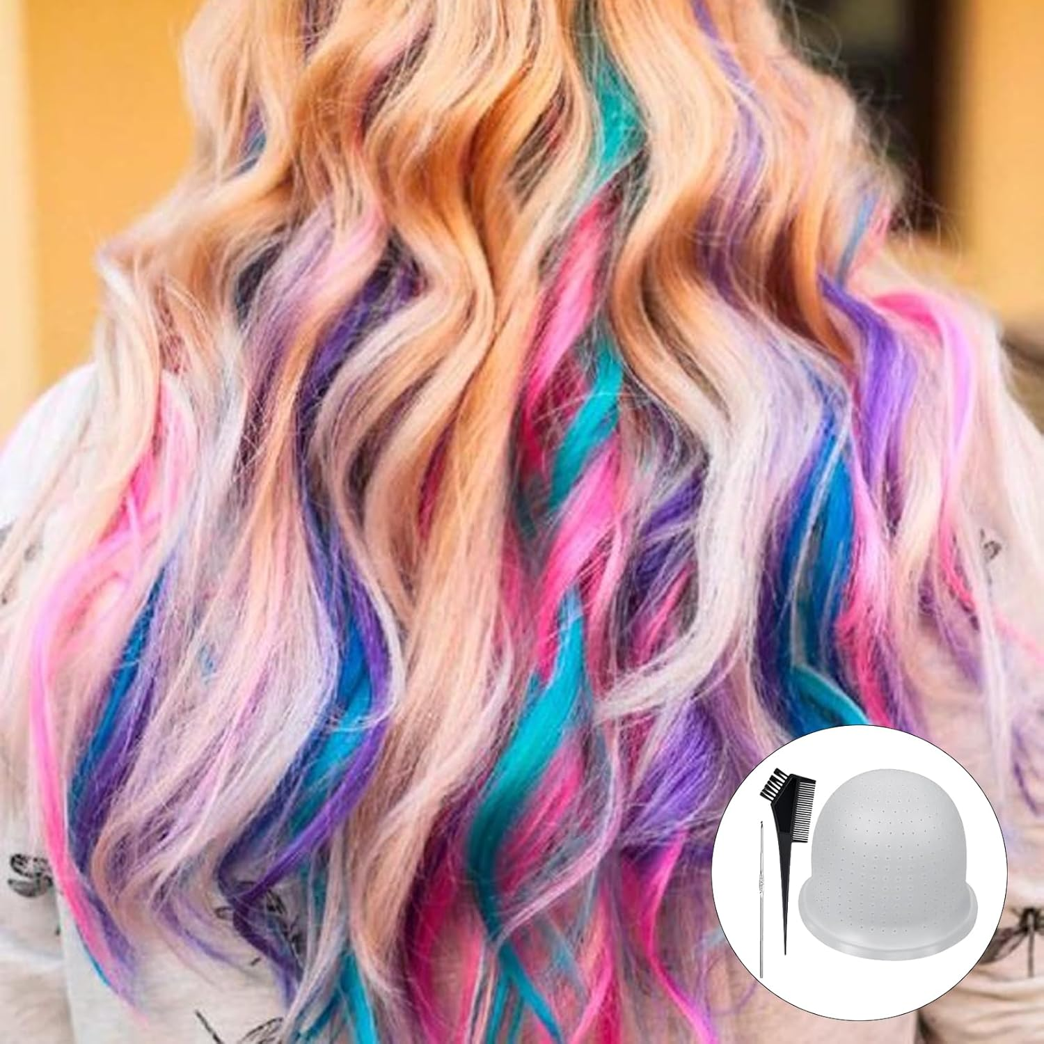 Silicone Highlight Cap, Highlight Set, Make Your Own Strands, Hair Net Strands Hood Holes, Reusable Silicone Highlight Cap with Hooks, Colouring Brush for Salon, Home Hair Dyeing image number 3