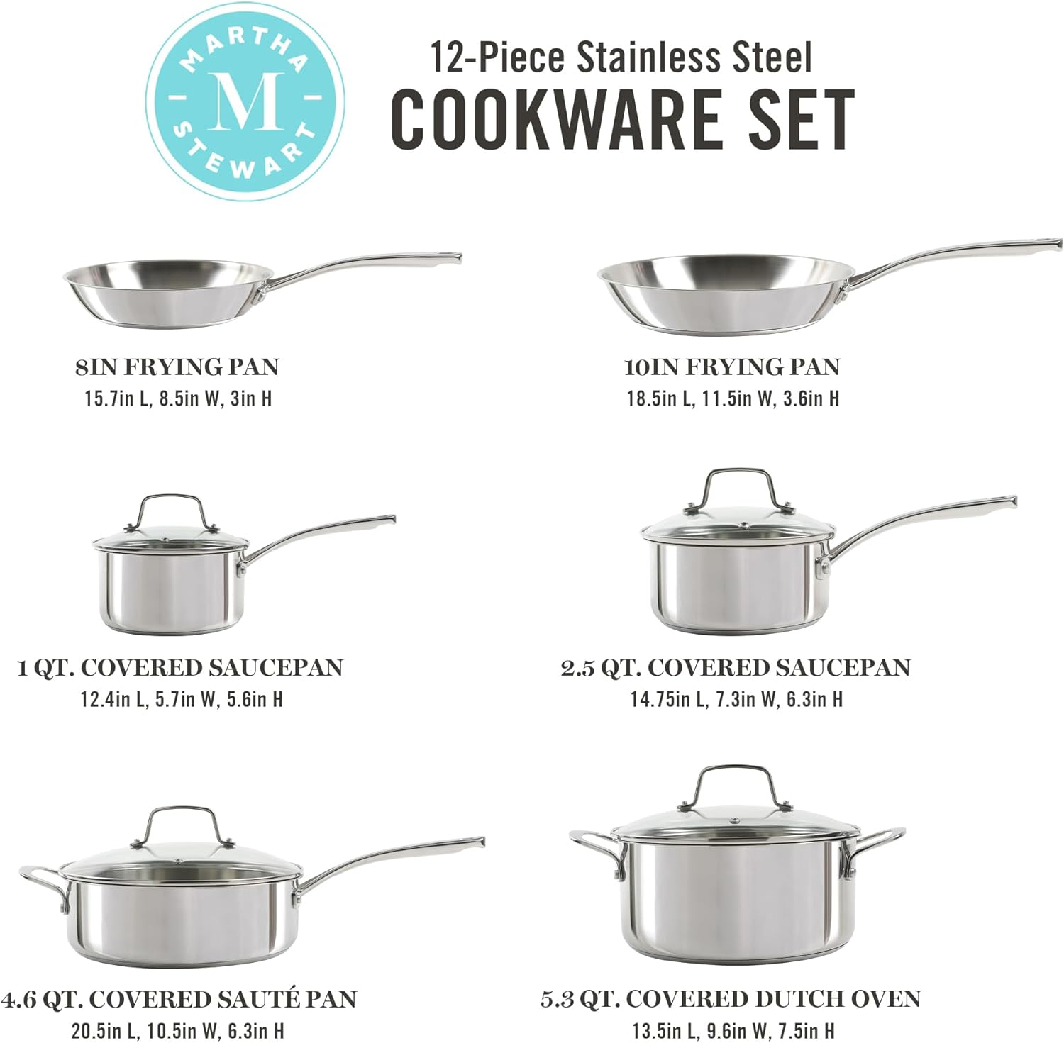 Martha Stewart Castelle 10 Piece 18/8 Stainless Steel Induction Safe Pots and Pans Non-Toxic Cookware Set image number 4