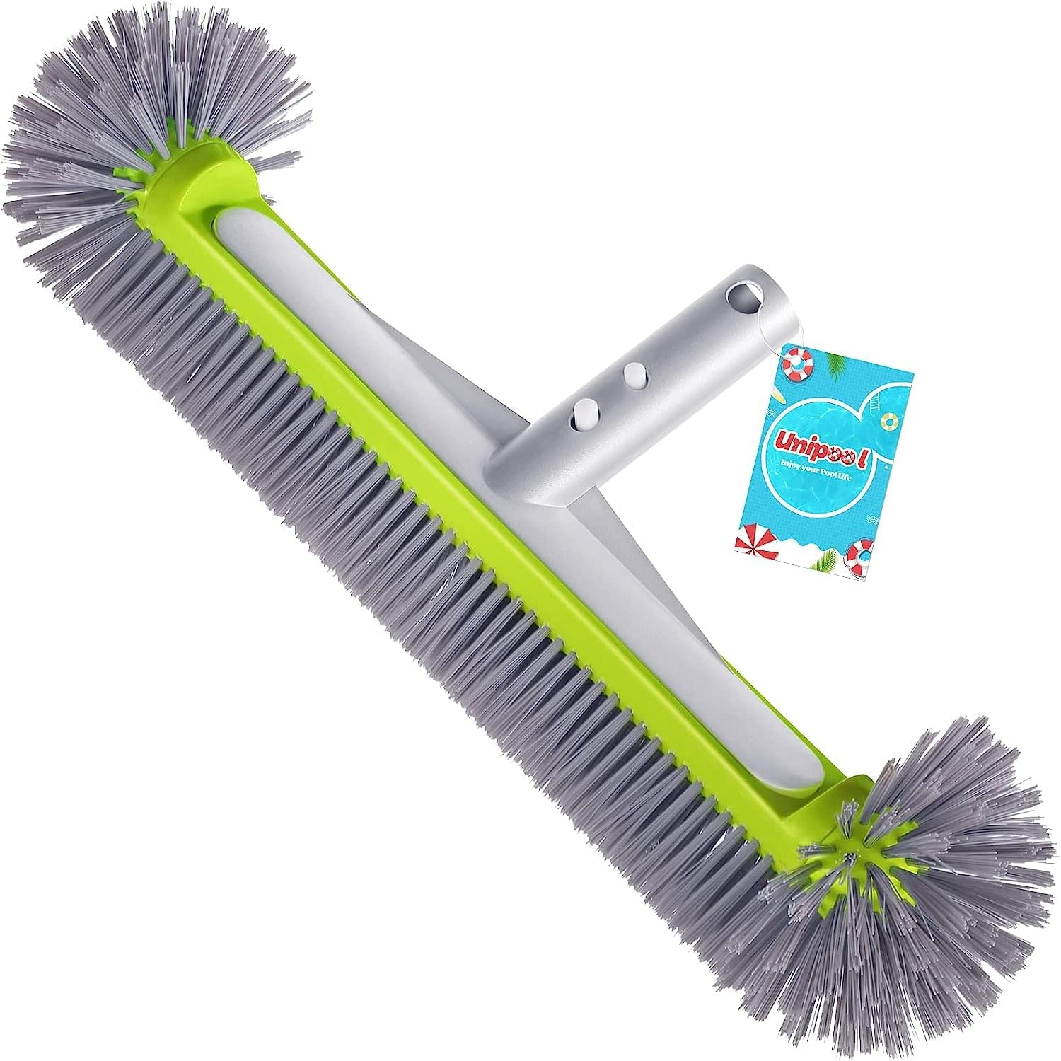 Professional Swimming Pool Brush Head with round Ends,17.5" Heavy Duty Aluminum Back for Cleaning Pool Walls, 7 Rows Premium Nylon Bristles with EZ Clips (Green Grey)