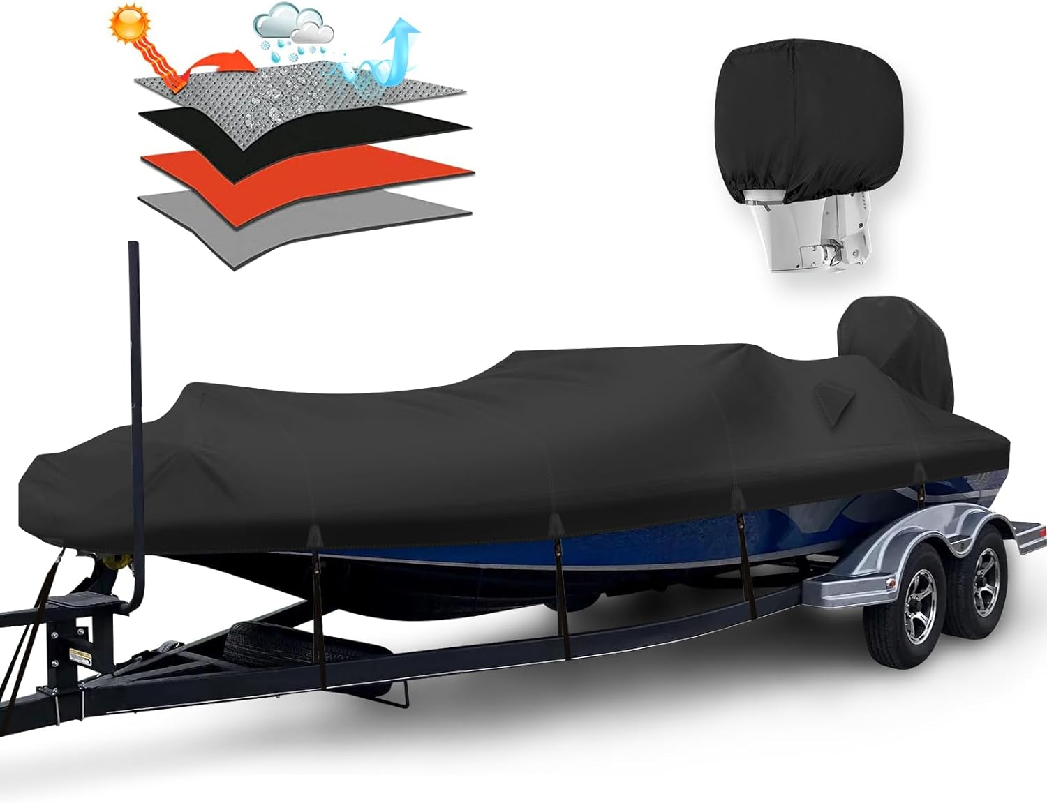 Heavy Duty 1200D PU Waterproof Boat Cover, 20'- 22' Trailerable Marine Grade Polyester Canvas, Fits 20-22Ft V-Hull, Bass Boat, Runabout, Ski, Fishing Boat with Tightening Strap, Black