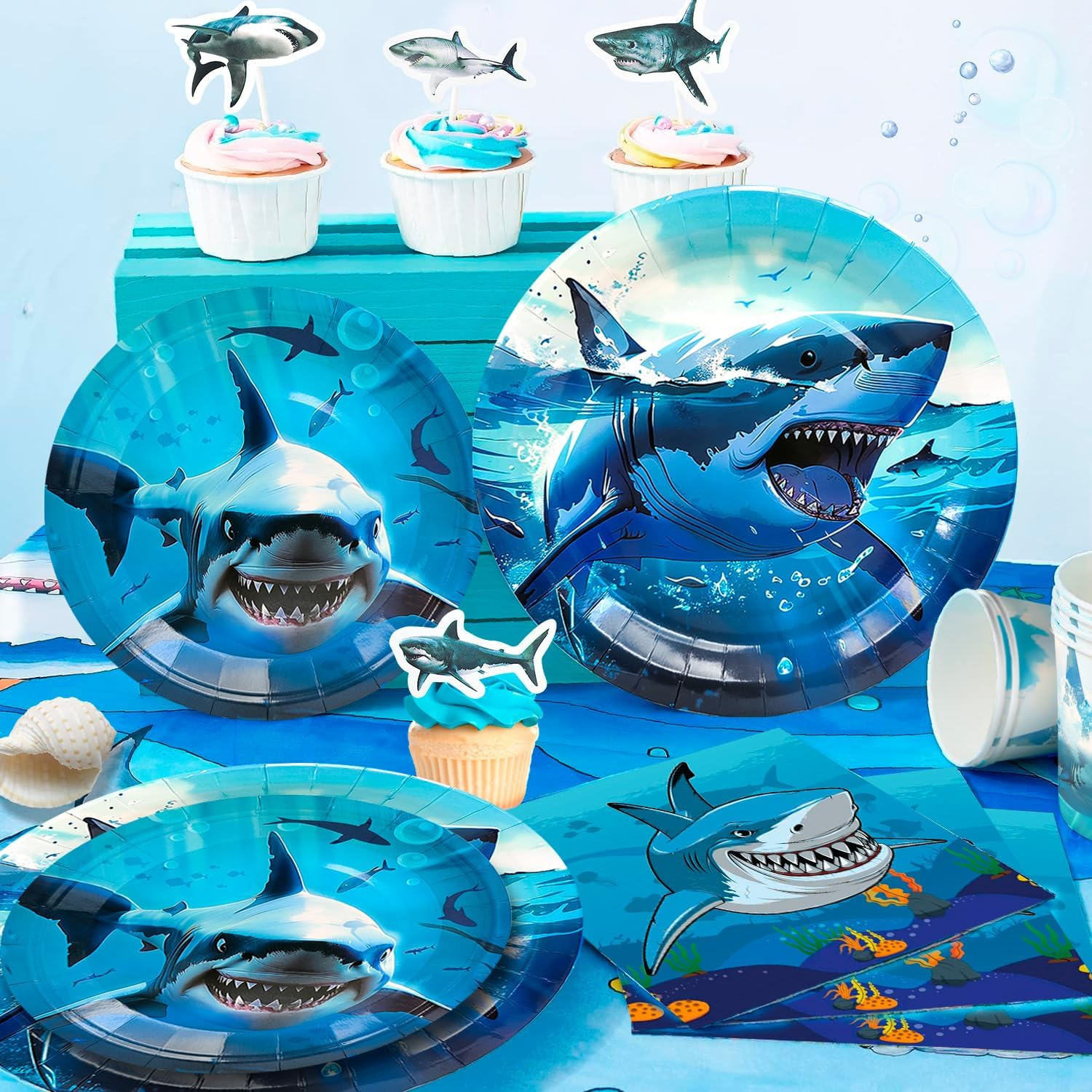 Shark Party Supplies,81 Pcs Shark Birthday Party Decorations & Shark Party Tableware Set - Shark Plates and Napkins Tablecloths & Shark Balloons Banner Shark Cake Toppers Etc Decorations image number 5
