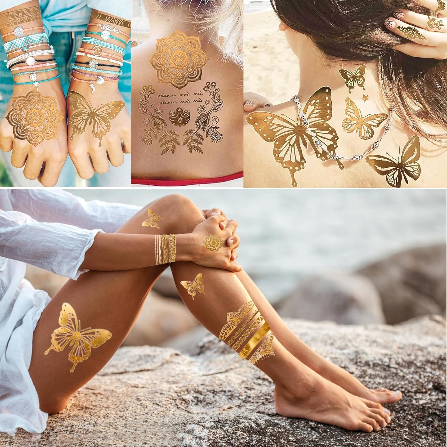 9 Sheets Gold Temporary Tattoos Flash for Women, Metallic Festival Tattoos, Body Art Sticker, Waterproof Armbands Tattoo, Moon Star Butterfly Glitter Tattoos Fake That Look Real and Last Long image number 5