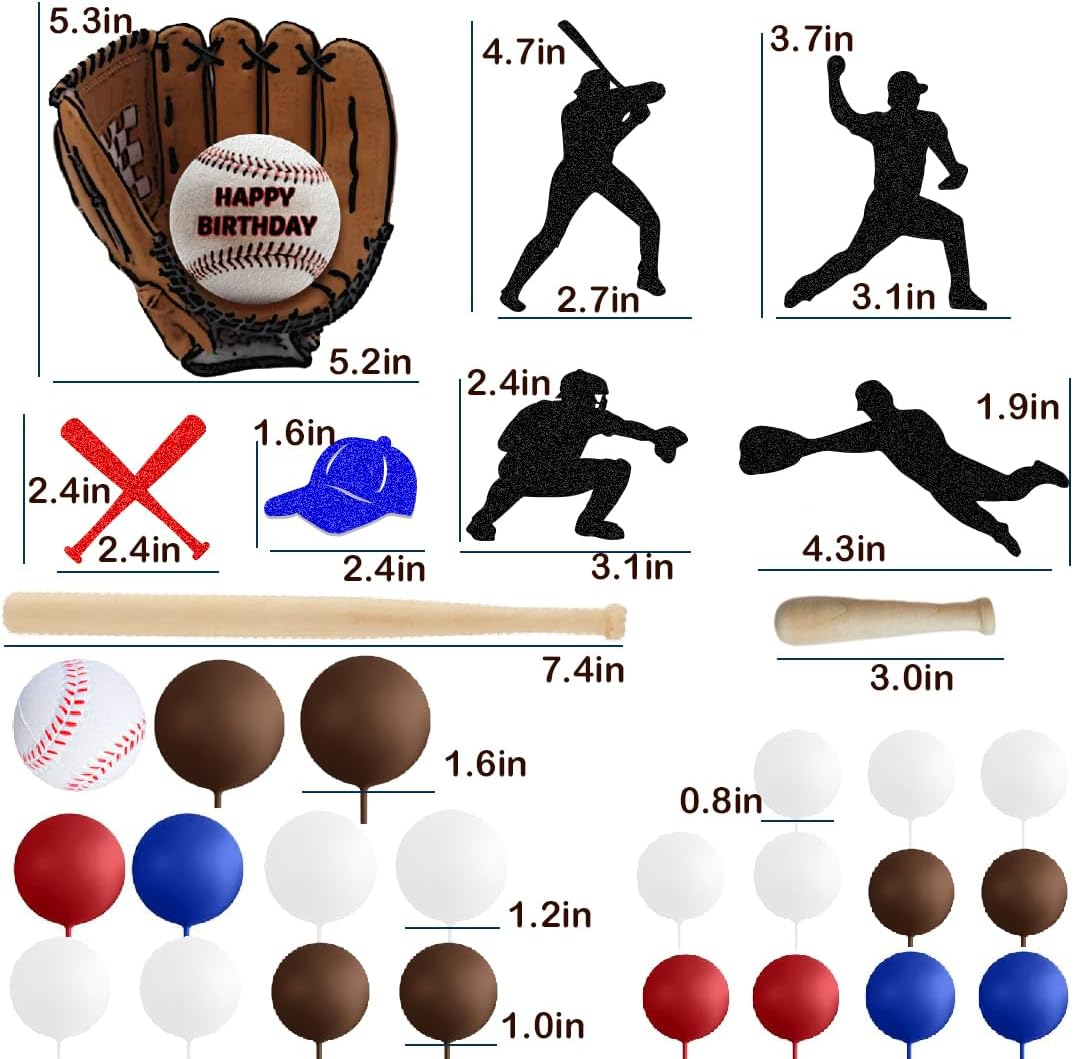 Baseball Cake Topper Baseball Birthday Decoration with Baseball Bat Baseball Glove Baseball Player Red Blue Brown White Balls for Baseball Themed Birthday Party image number 1