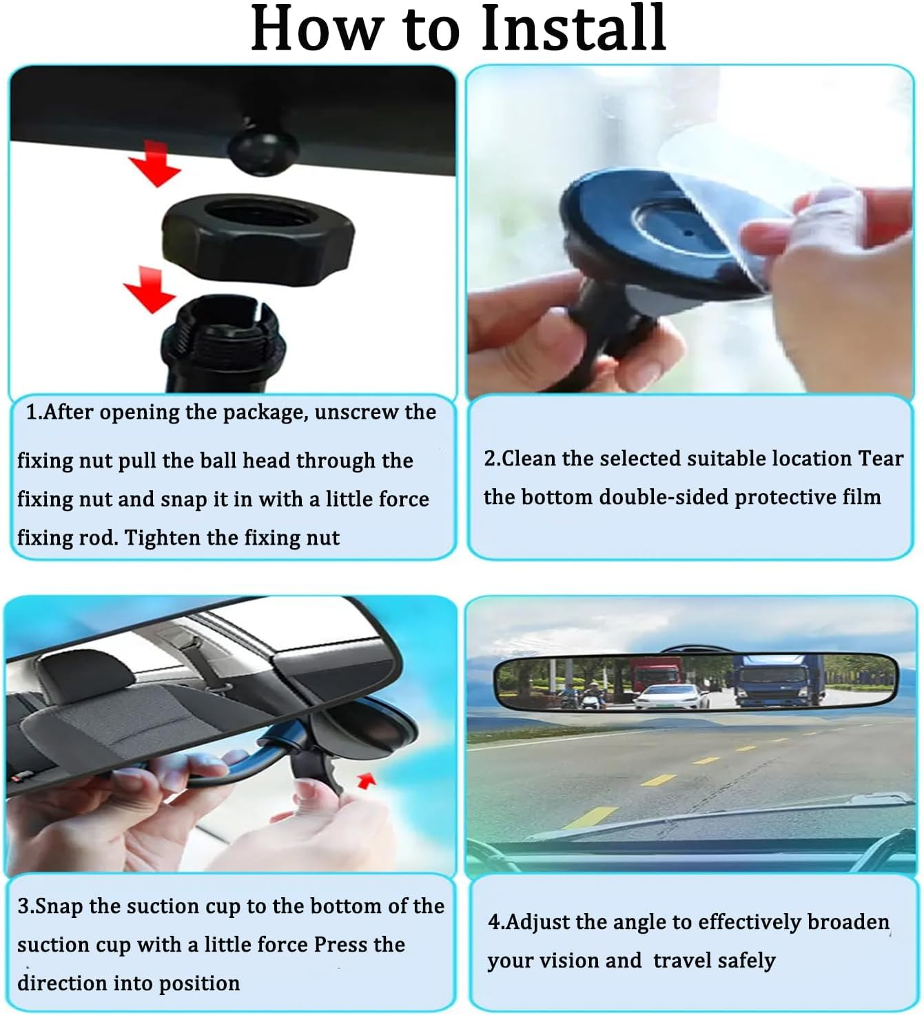 KEWAYO Car Rear View Mirror with Suction Cup, Wide Angle HD Auto inside Rearview Mirror, Adjustable Angle Reduce Blind Spots, Universal for Vehicle, Truck, SUV, Van image number 2