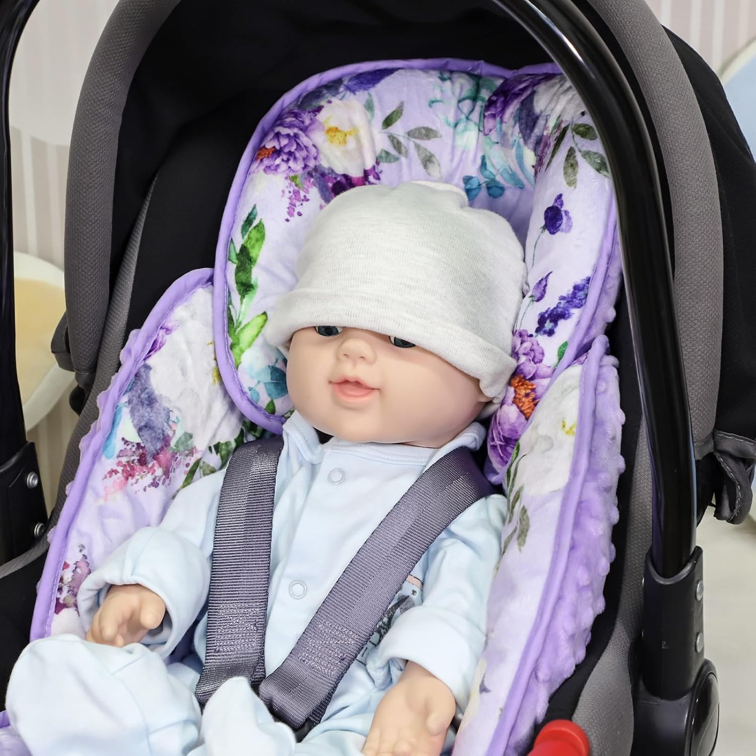 CARUILI Infant Super Soft Infant Cushion Insert Pillow 2 in 1 Body Support for Newborn Girl Baby Cushion for Stroller, Bouncer, Purple Floral - Animals image number 4