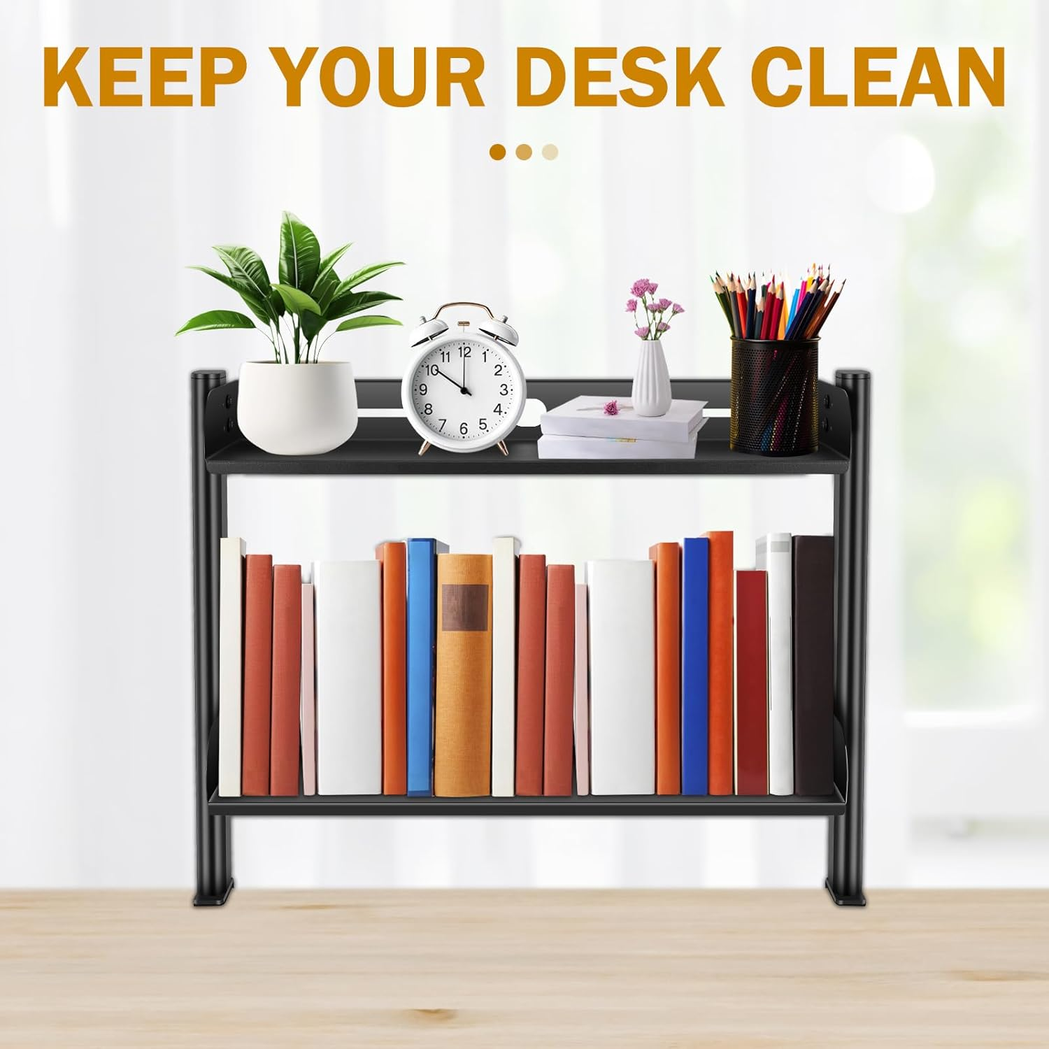DJAPWPX Clamp on Desk Shelf, 2 Tiers Desktop Clamp Organizer, Easy to Install Table Mount Shelf, Space Saving Desktop Shelf for Office Sturdy Table Accessories