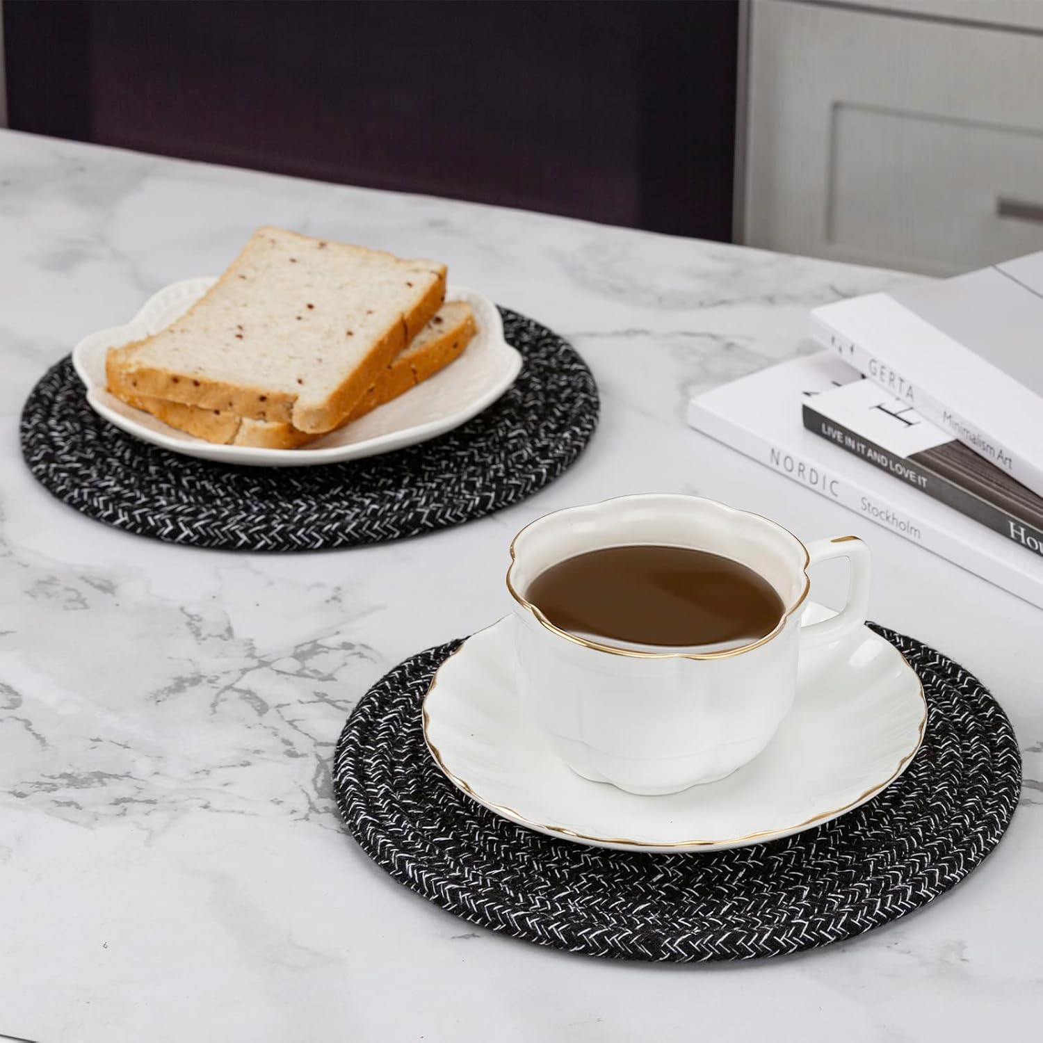 Trivets for Hot Dishes, Large Trivet for Hot Pots and Pans 8 Inches, Hot Pads for Kitchen Table, Coasters Cotton Mat to Protect Counter, Cooking Potholder (Black 5 Pcs) image number 2