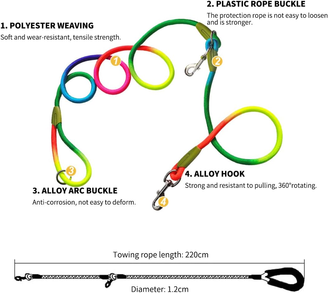 SOGA 220Cm Multifunction Hands-Free Rope Pet Cat Dog Puppy Double Ended Leash for Walking Training Tracking Obedience Rainbow image number 2