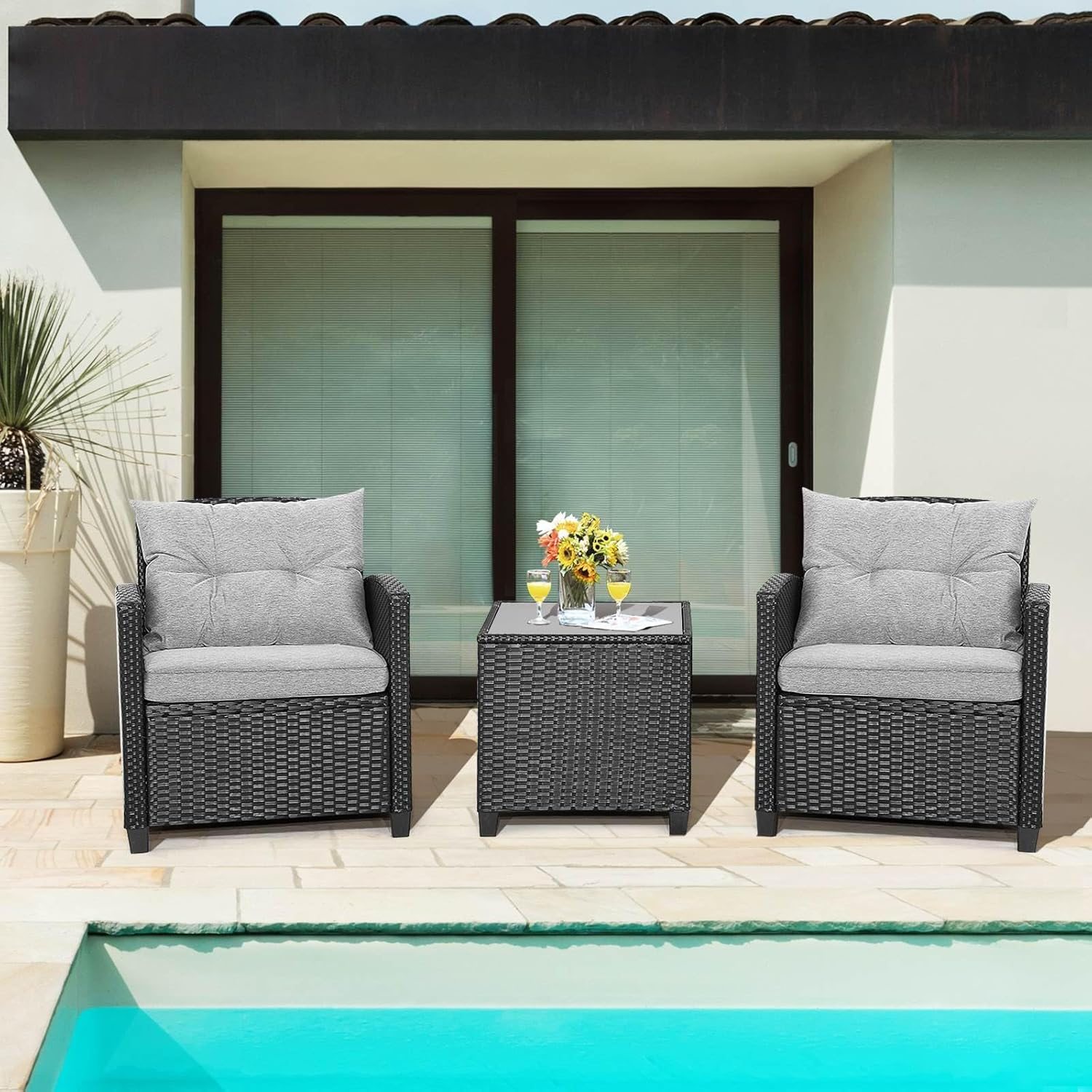 Costway 3 Pieces Patio Lounge Set, PE Rattan Wicker Outdoor Sofa Set W/Washable Cushion and Tempered Glass Tabletop, Conversation Furniture for Garden Poolside Balcony (Gray) - Gray image number 2