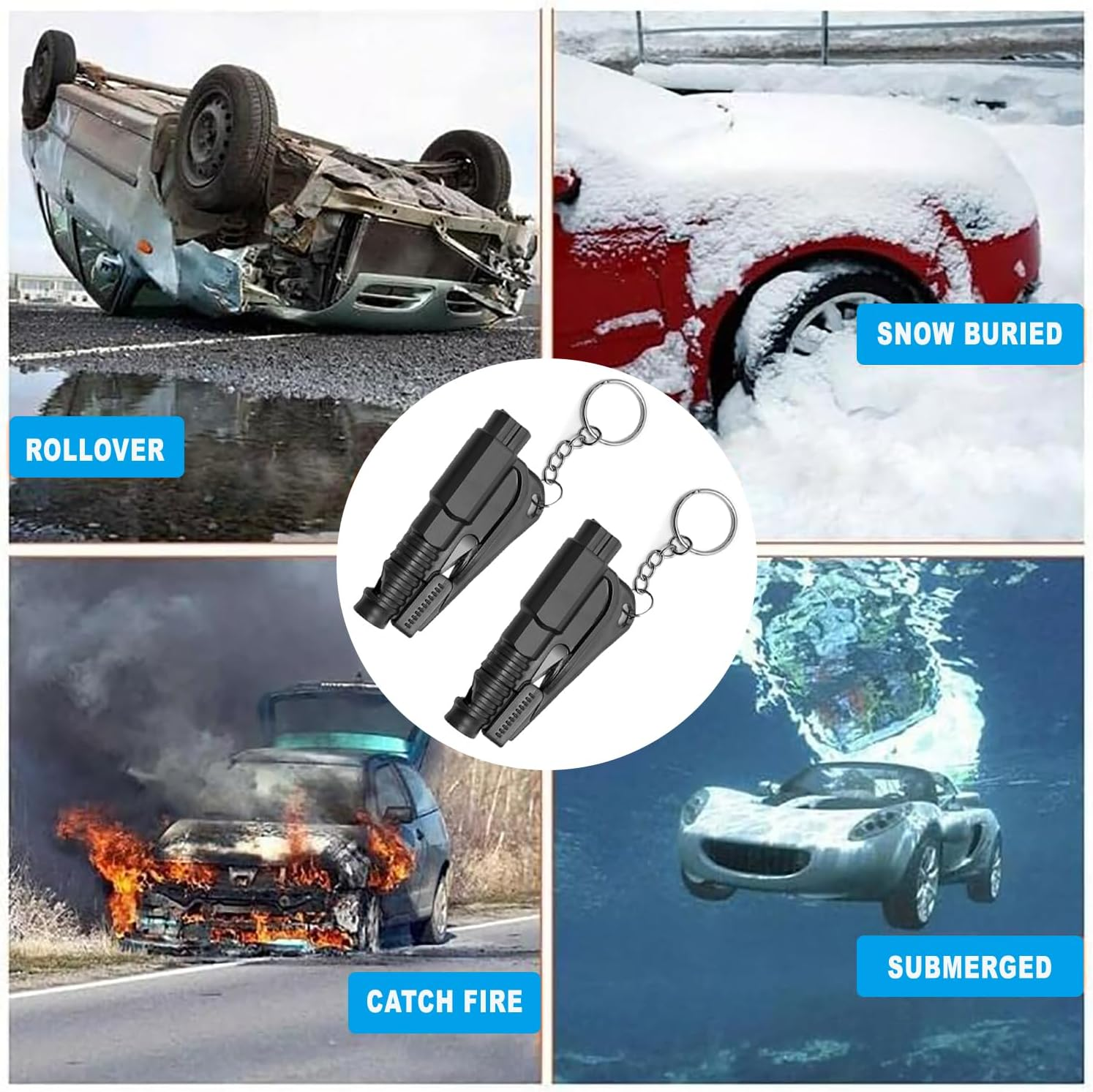 BEANPRECOY 4-Pack 3-In-1 Car Window Breaker Seatbelt Cutter Keychain, Emergency Window Glass Breaker Tool for Car, Family Safety, Road Trips & Daily Commute Black image number 6