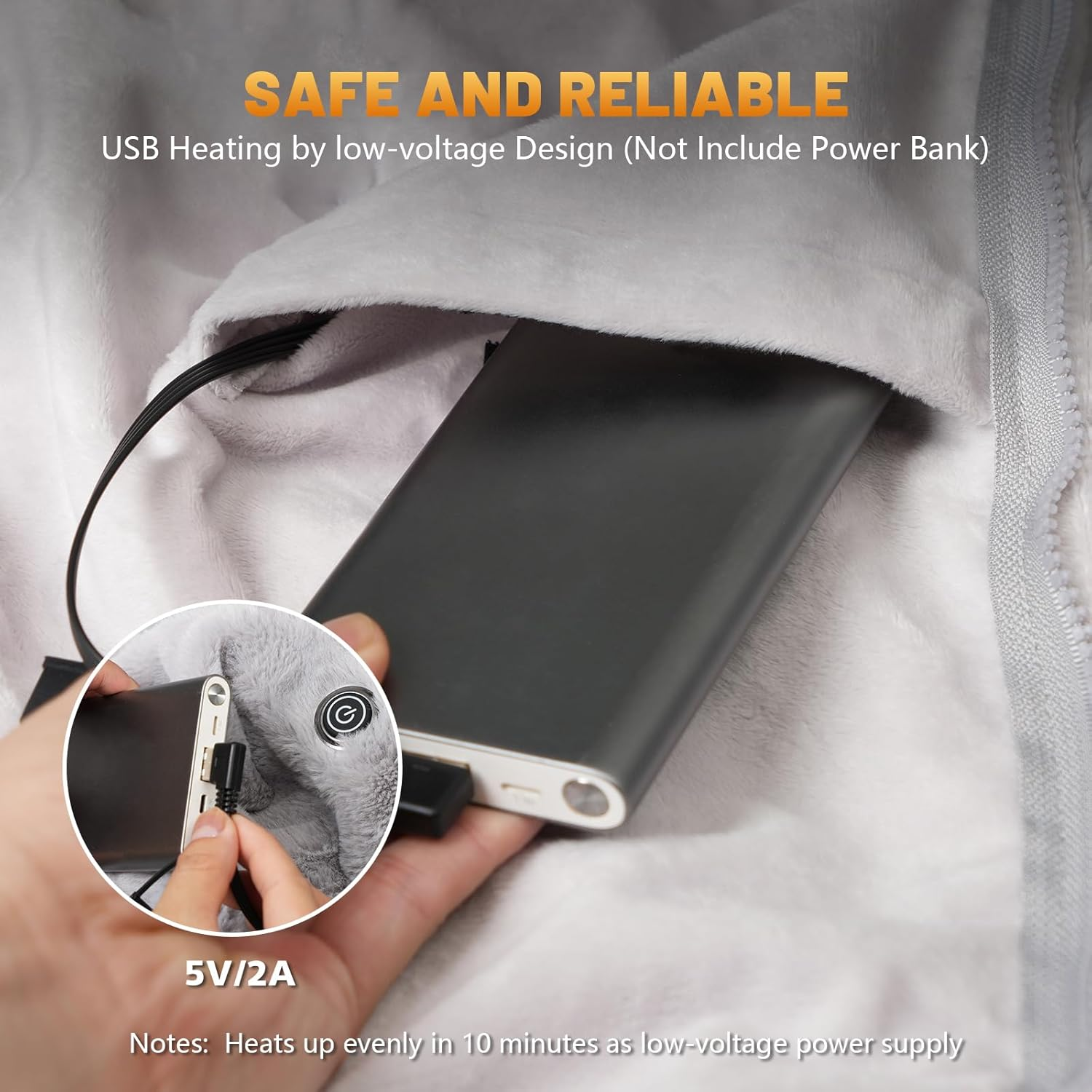 Portable Heated Shawl Travel Throw Blanket, Single Heated Poncho Electric Wraps with 3 Heating Levels & Zipper, Soft Plush Warm Shawl Wearable for Home Office,Usb Charging (No Power),150X80Cm image number 3